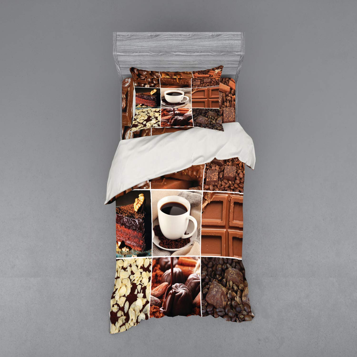 Ambesonne Brown 3-Piece Bedding Set - Coffee & Chocolate Themed Duvet Cover with Sham & Fitted Sheet, Twin Size | Perfect for Cozy Bedrooms, Dorm Rooms & Coffee Lover Gifts