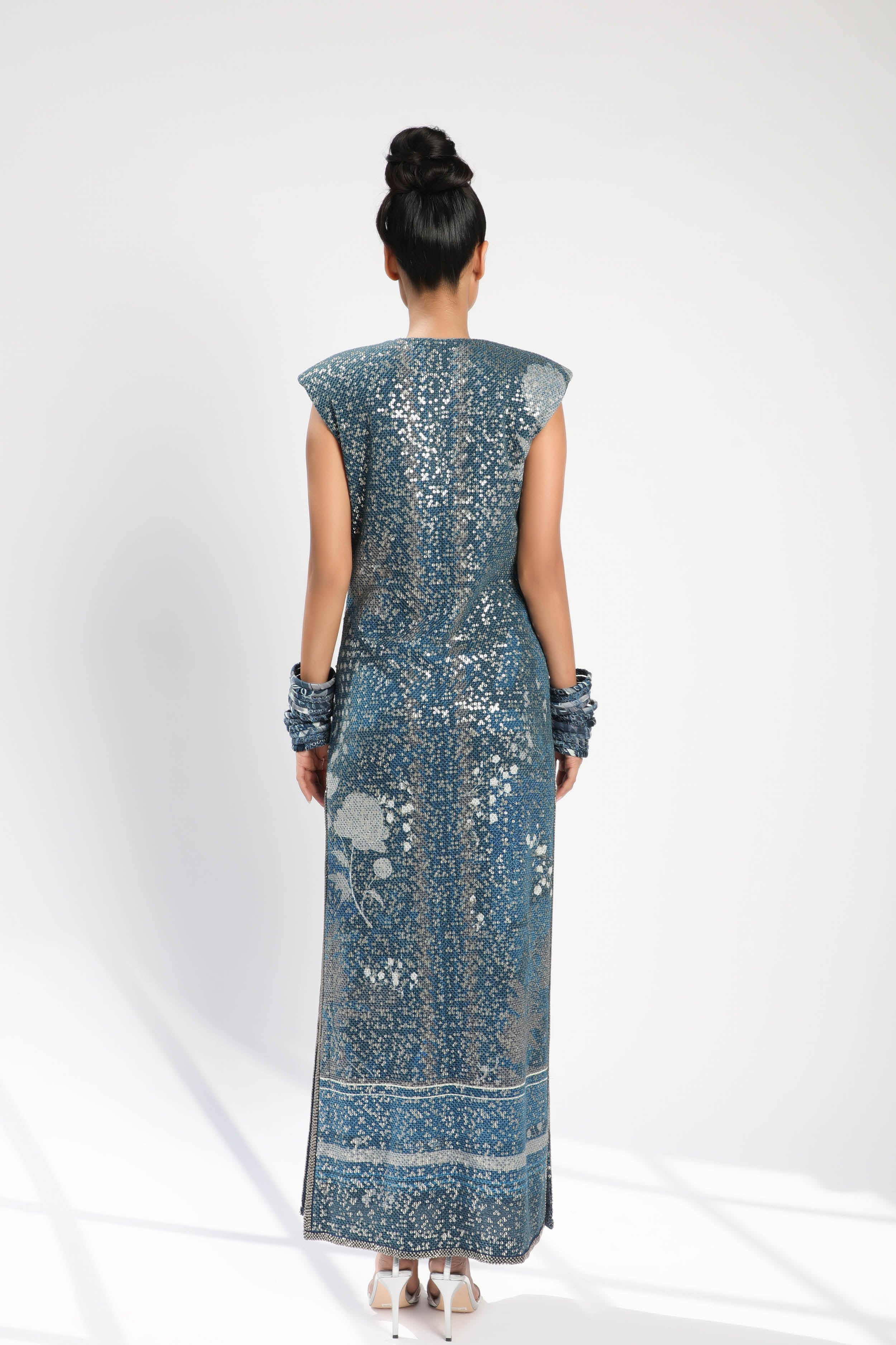 Indigo Blue Floral Print Side Slit Maxi Dress for Women | Elegant Summer Beach Party & Wedding Guest Outfit