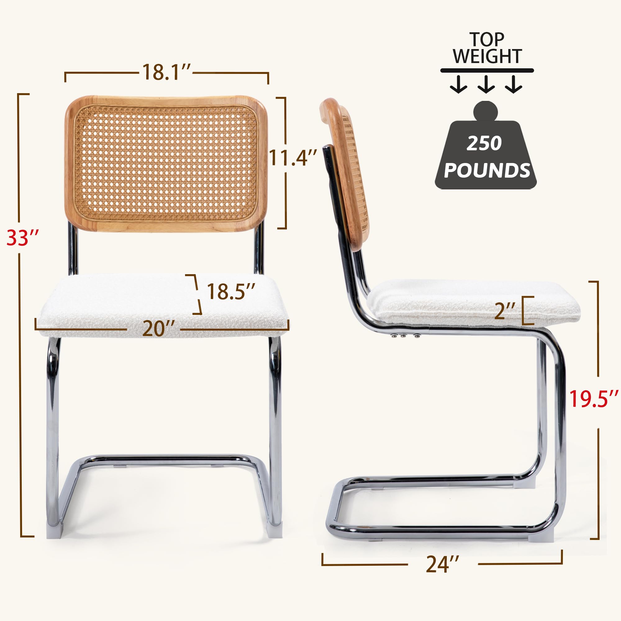 Modern Cesca Cane Dining Chairs Set of 2 - Handwoven Rattan Back, Chrome Metal Base & Boucle Upholstered Seat - Elegant White Kitchen & Dining Room Chairs for Home, Restaurant or Cafe Decor