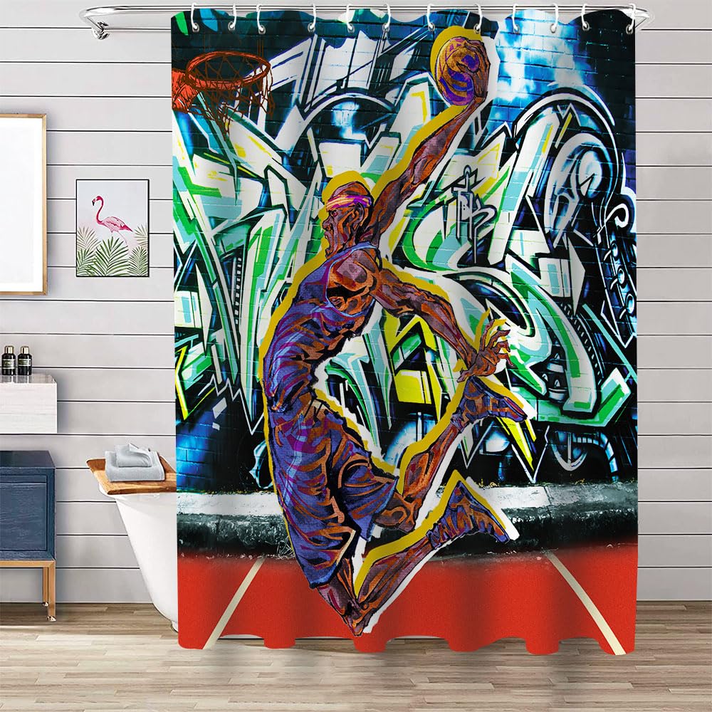 Basketball Shower Curtain - Sports Graffiti Design with High Contrast Silhouette of Dunking Athlete - 72x78 Inch Bathroom Decor for Boys, Teens & Sports Fans - Perfect for Game Room or Basketball Themed Bathroom