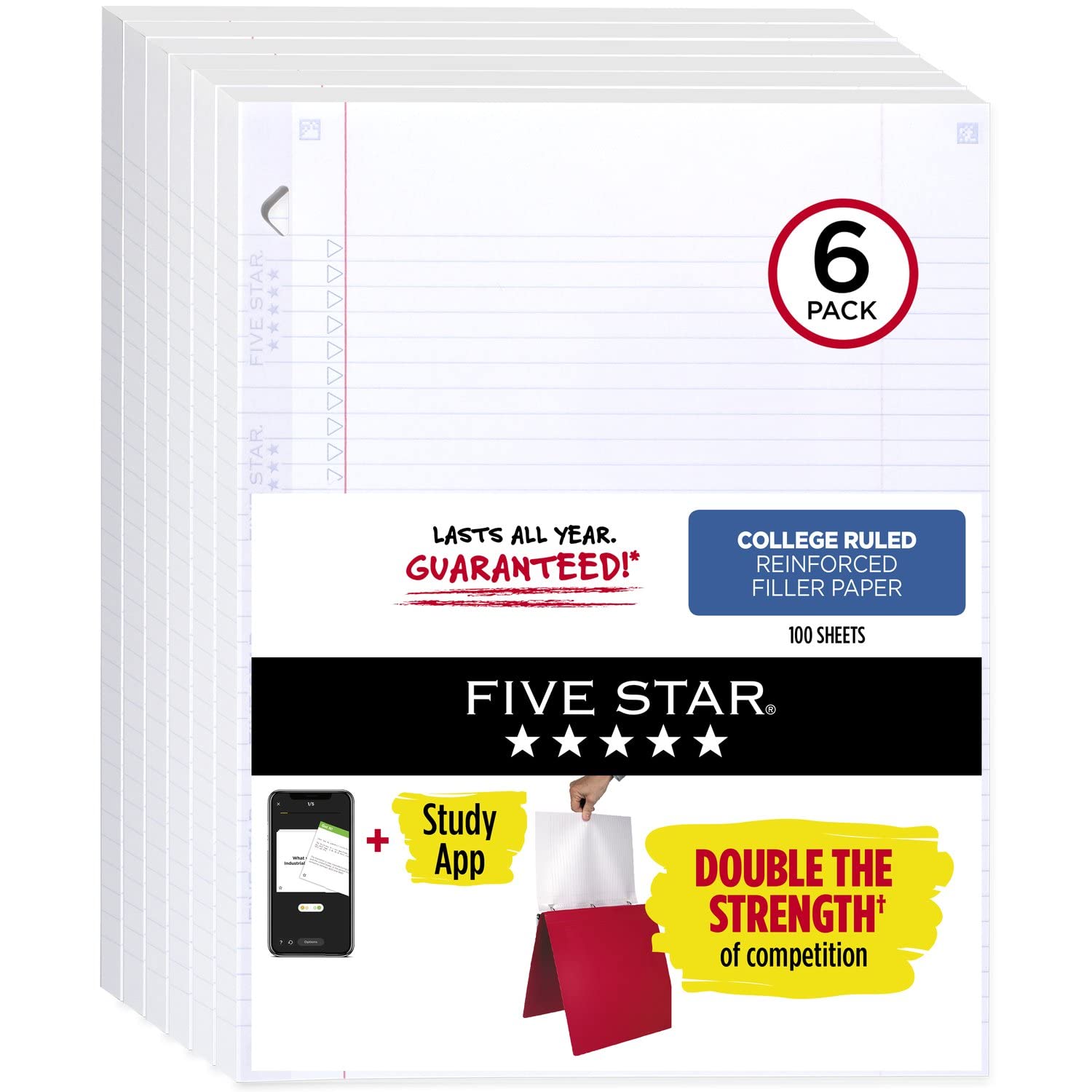 Five Star Loose Leaf Paper 6 Pack - College Ruled Reinforced Filler Paper, 8.5 x 11 Inches, 100 Sheets per Pack with Free Study App - Perfect for School, Office & Homework Organization (170012)