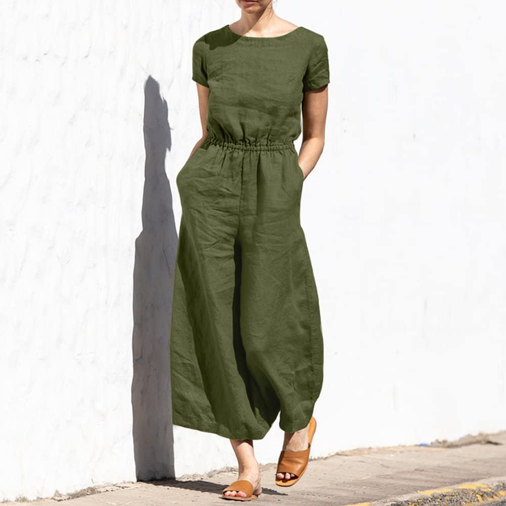 Women's Summer Short Sleeve Casual Wide Leg Jumpsuit with Elastic Waist & Pockets - Breathable Loose Fit Romper for Beach, Vacation & Everyday Wear