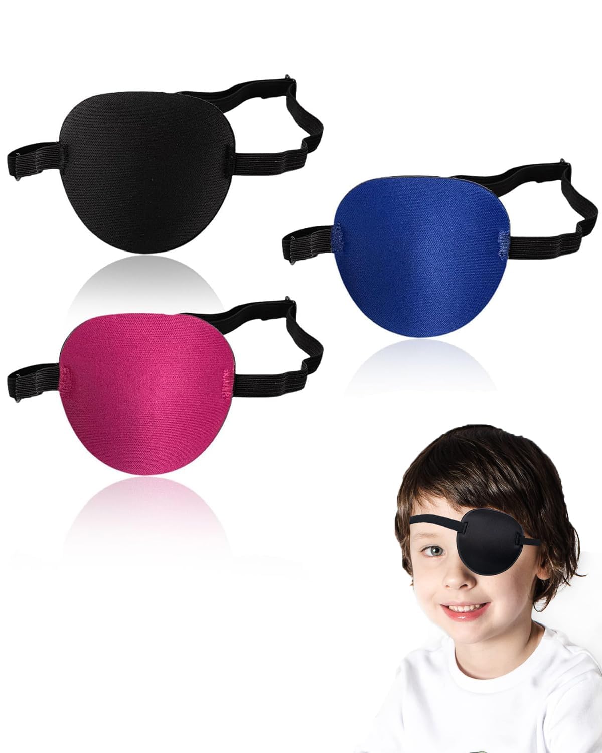 3Pcs Adjustable Lazy Eye Patches for Kids & Adults - Soft 3D Eye Mask for Halloween, Christmas & Pirate Costumes - Reusable Black, Blue, Red Eye Covers for Amblyopia Treatment & Cosplay