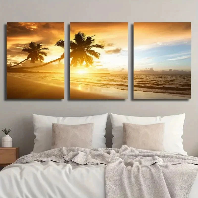 3pcs Vibrant Beach Coast Scenery Coconut Trees Metal Wall Art - Ready to Hang Tropical Decor for Living Room, Bedroom & Office