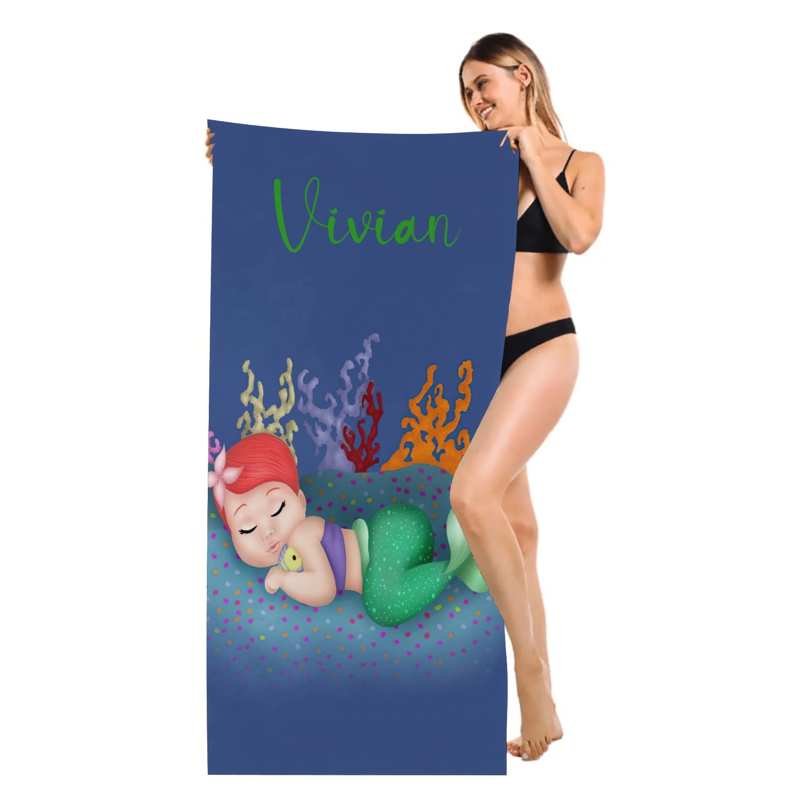 Personalized Mermaid Tail Beach Towel - Custom Name Green Bath Towel 30x60 Inch for Adults & Kids, Super Absorbent Quick Dry, Perfect for Pool, Beach, Summer Vacation & Birthday Gifts