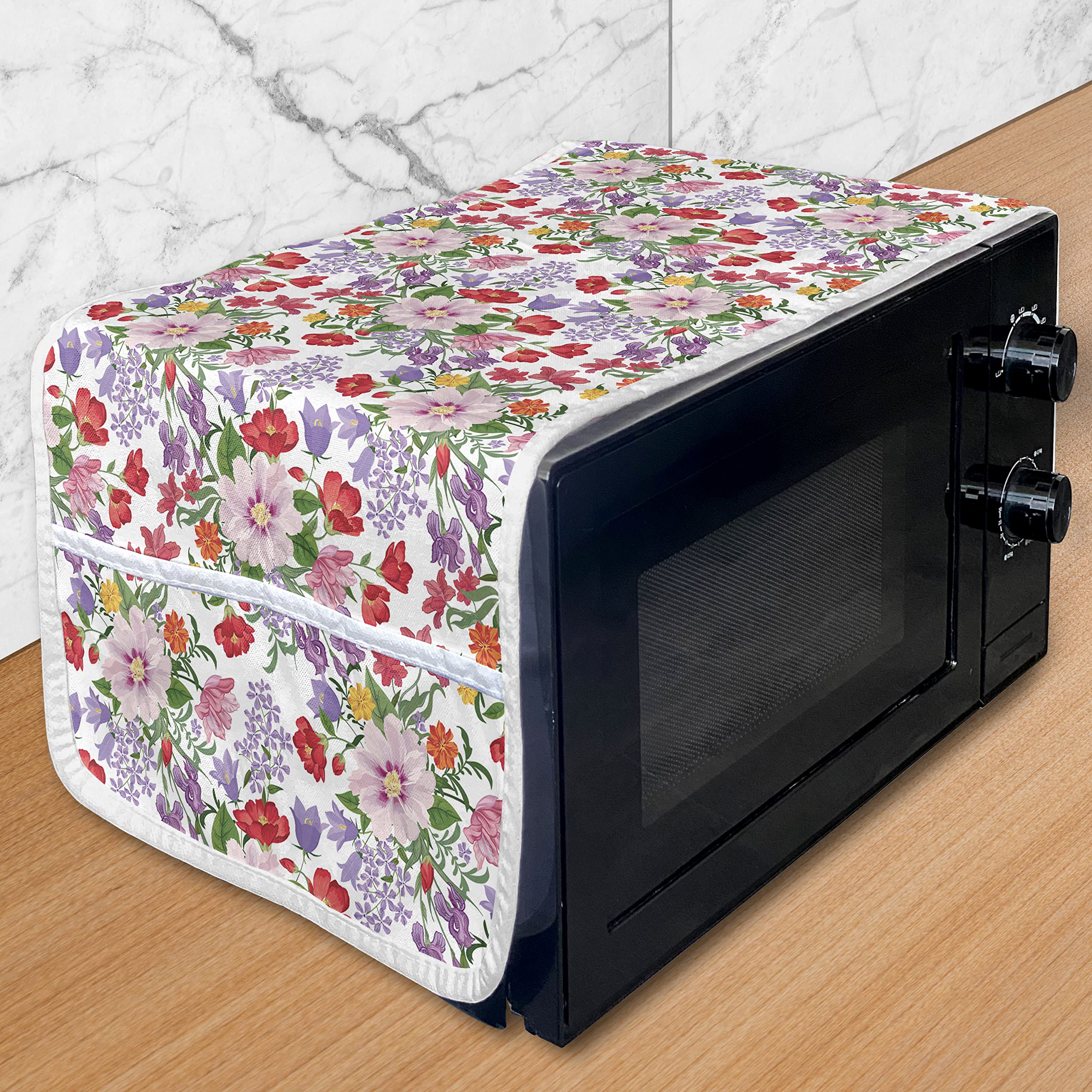 Ambesonne Floral Microwave Cover - Vintage Garden Design, Waterproof Kitchen Organizer with Pockets, 36
