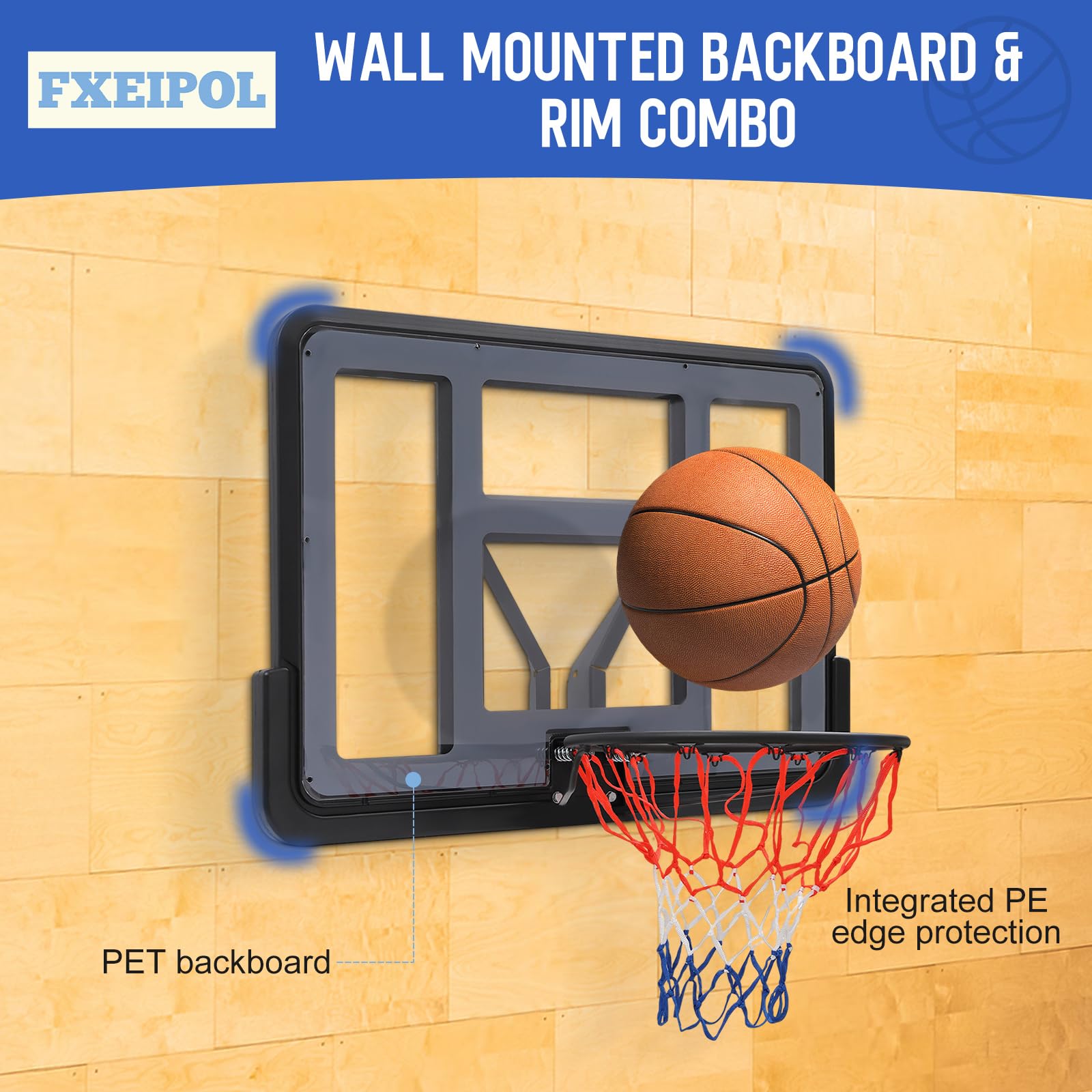44 Inch Wall Mounted Basketball Backboard & Rim Combo with Double Spring Screw - Durable Backboard Replacement Kit for Home Training, Club, and Outdoor Play - Perfect for Driveway, Gym, and Backyard Basketball Practice