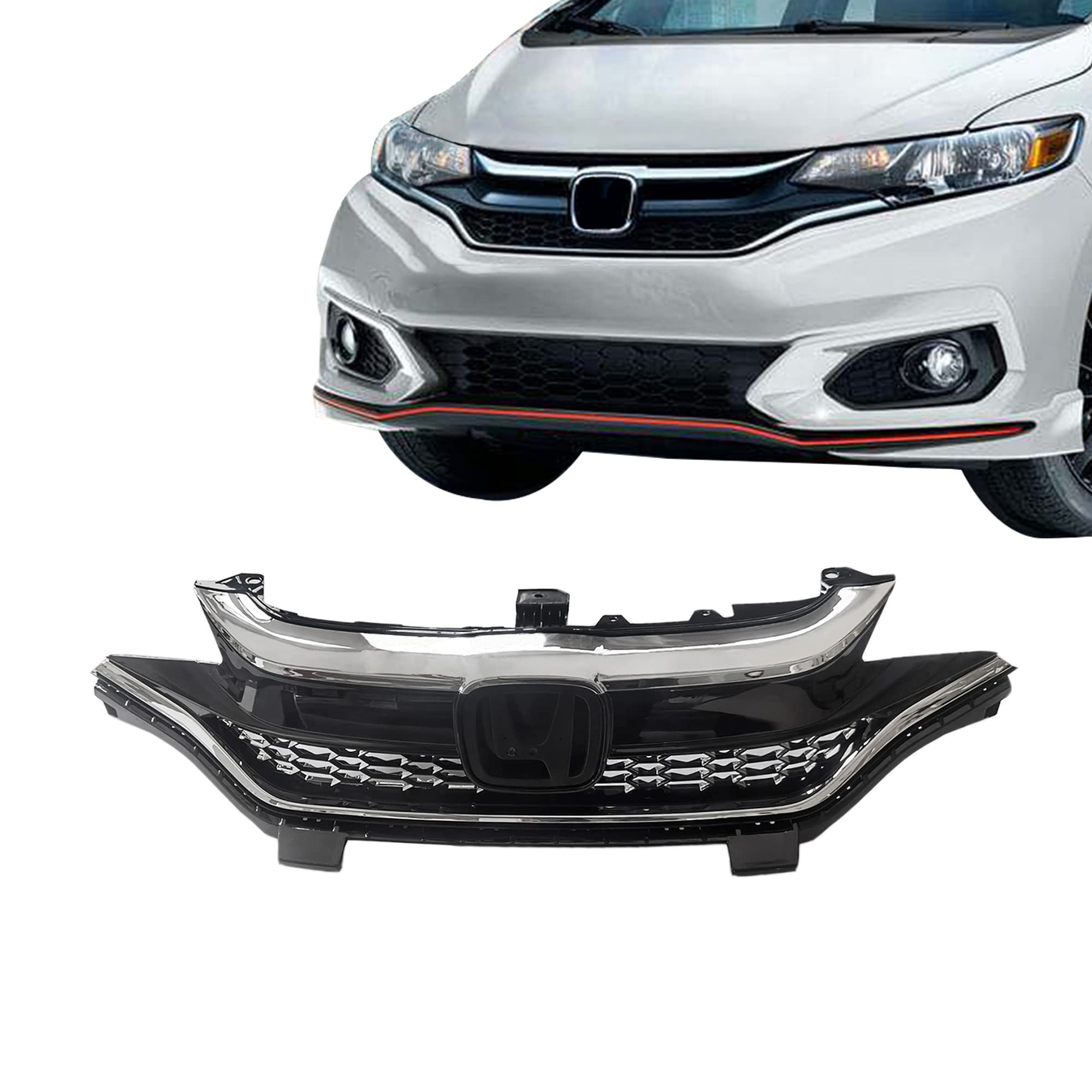 Black & Chrome Honeycomb Front Bumper Grille for 2018-2020 Honda Fit Hatchback | Replacement Part 71121T5RA50 | Enhances Style & Aerodynamics