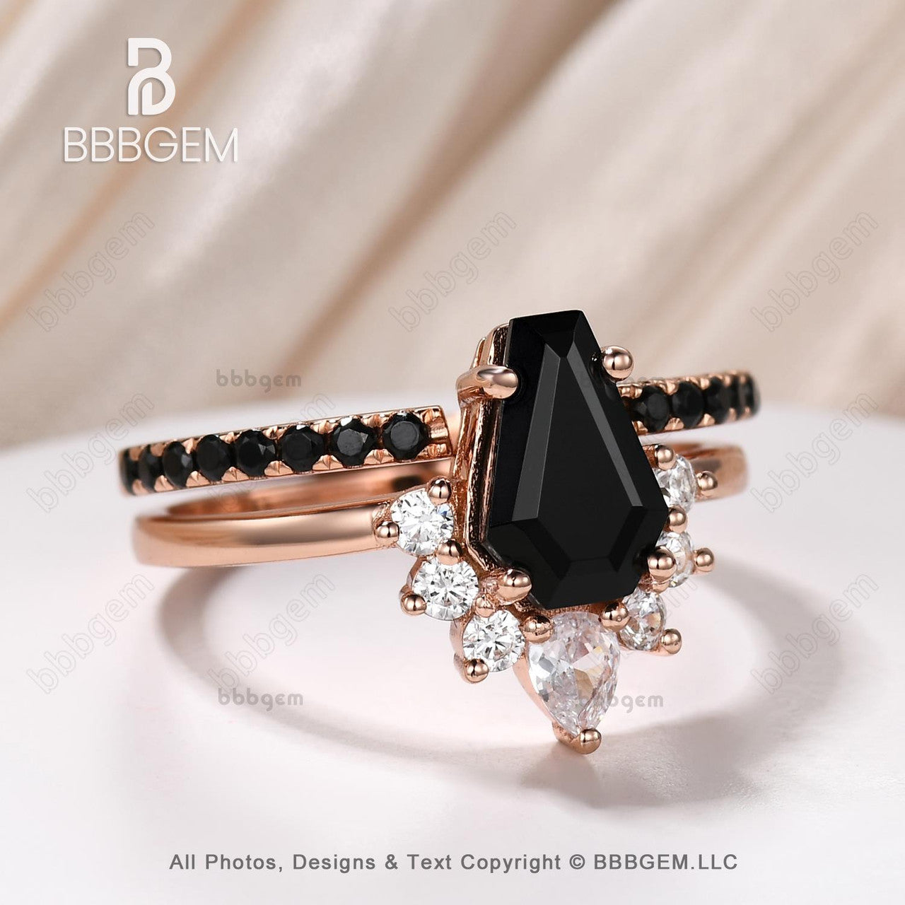 10K Rose Gold Black Onyx Coffin Cut Statement Ring Set for Women - Gothic Natural Onyx Spinel Engagement Ring - Perfect for Weddings, Parties & Gothic Fashion Accessories