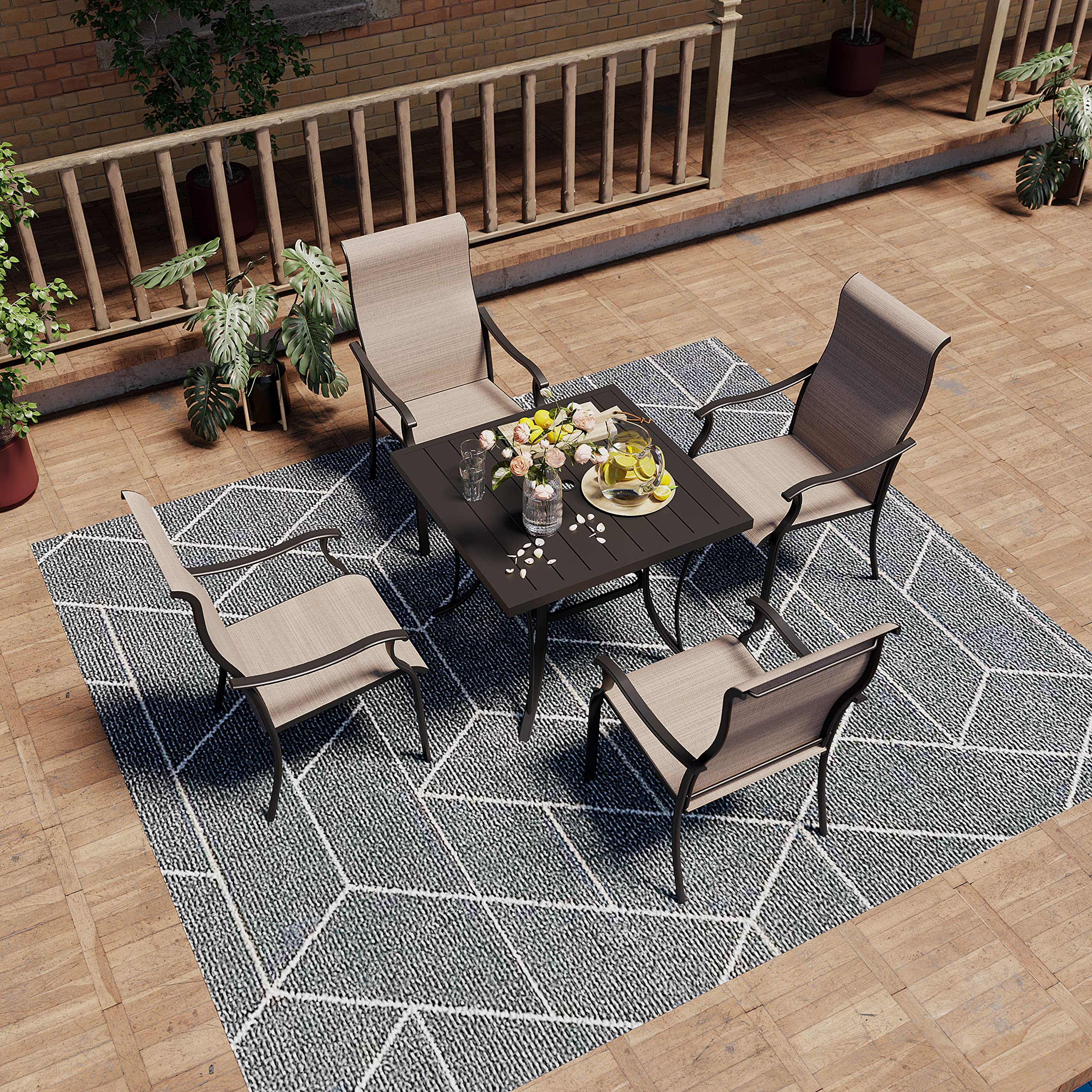 **HAPPATIO 5-Piece Outdoor Patio Dining Set with 4 Textilene Chairs & 1 Square Table – Weather-Resistant, Easy to Clean (Beige Brown) – Perfect for Backyard, Garden, and Poolside Gatherings**