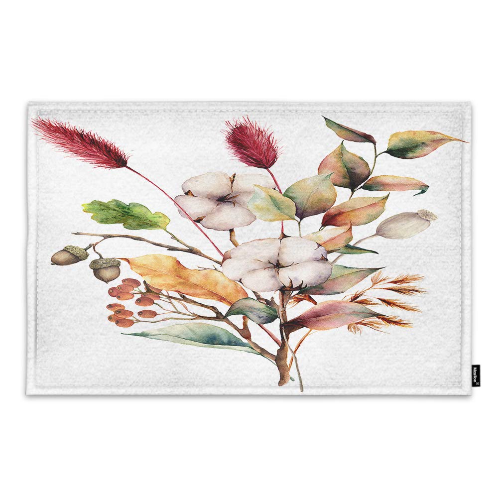 Moslion Cotton Flowers Kitchen Mat 15.7 x 23.6 Inch - Watercolor Autumn Bouquet with Lagurus, Acorn Leaves & Branches - Soft Velvet Crystal Bathroom Rug - Non-Slip Indoor Floor Mat for Kitchen, Bathroom, Bedroom & Entryway - Perfect for Fall Decor & Cozy Home Accents