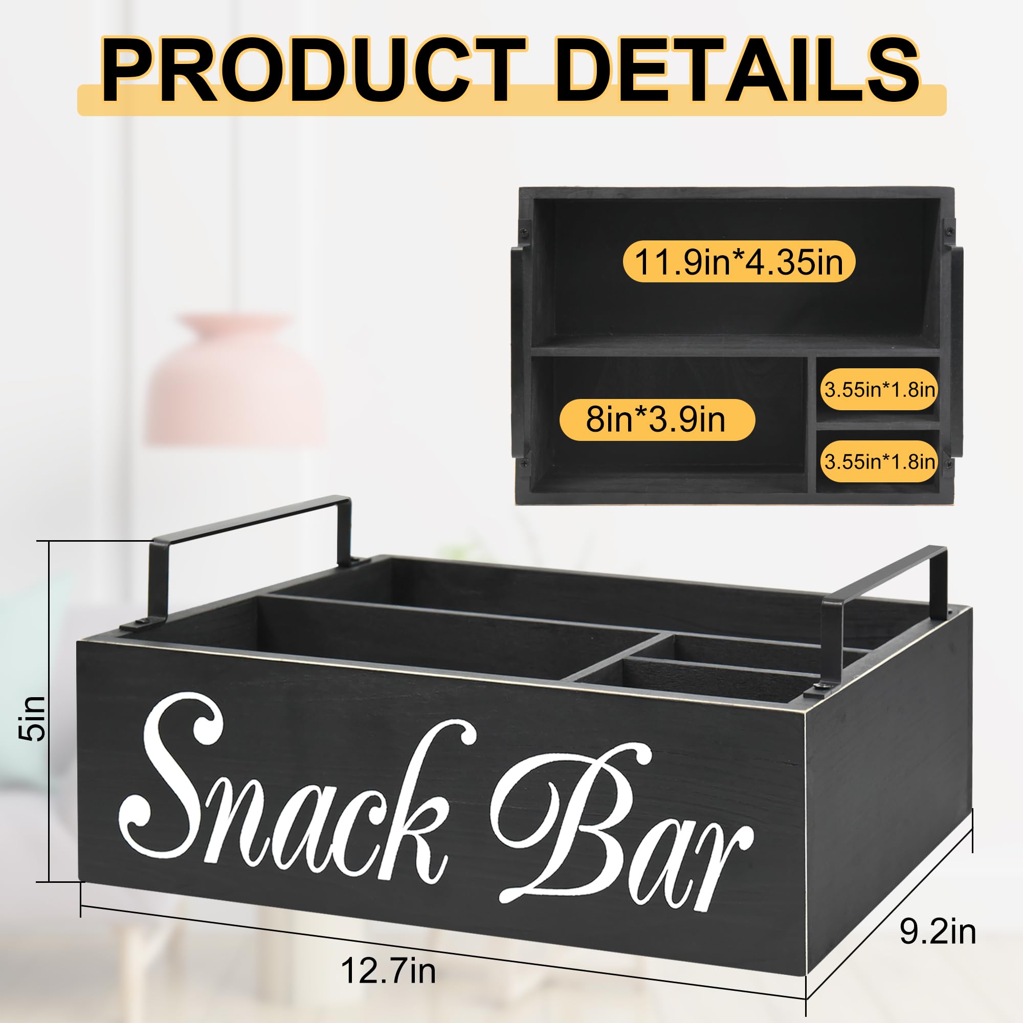 Wooden Snack Organizer with Handles - Rustic Countertop & Pantry Storage Bin for Chips, Candy, Nuts - Perfect for Kitchen Cabinets, Snack Bars & TV Time Organization