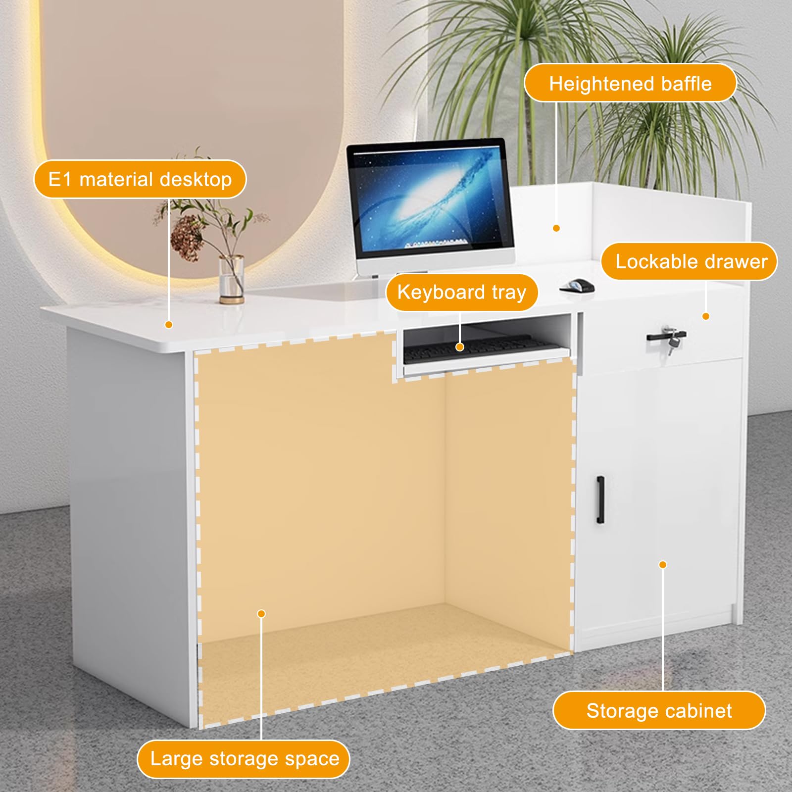 Modern Reception Desk with Lockable Drawer - Office Lobby Counter Table for Salon, Retail & Home Use - Elegant Front Desk Solution for Professional Spaces
