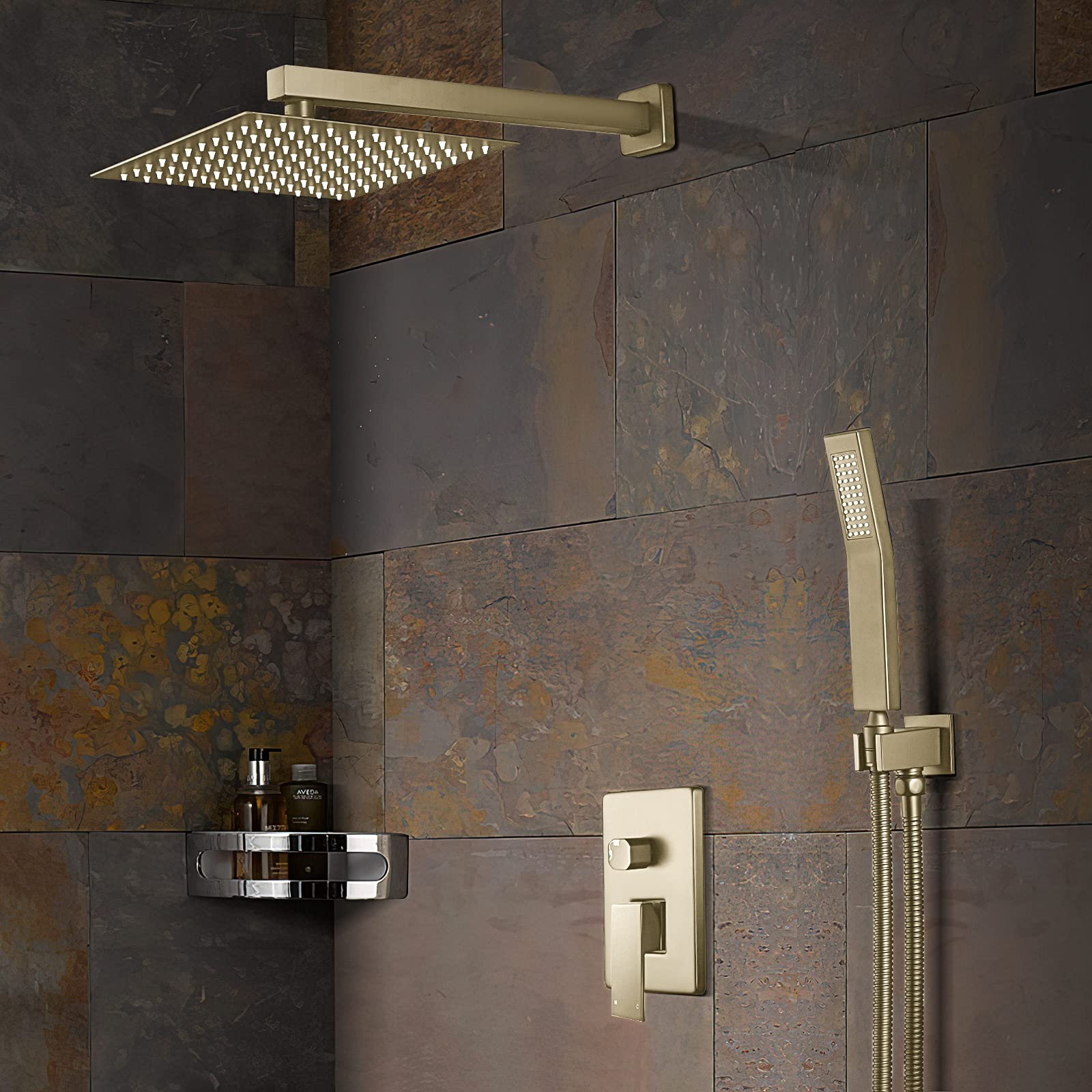10-Inch Luxury Rain Shower System Set - Wall Mounted Shower Faucet with Handheld Shower Head, Rough-In Valve & Trim Kit in Brushed Nickel - Perfect for Spa-Like Bathroom Experience & Modern Home Renovation