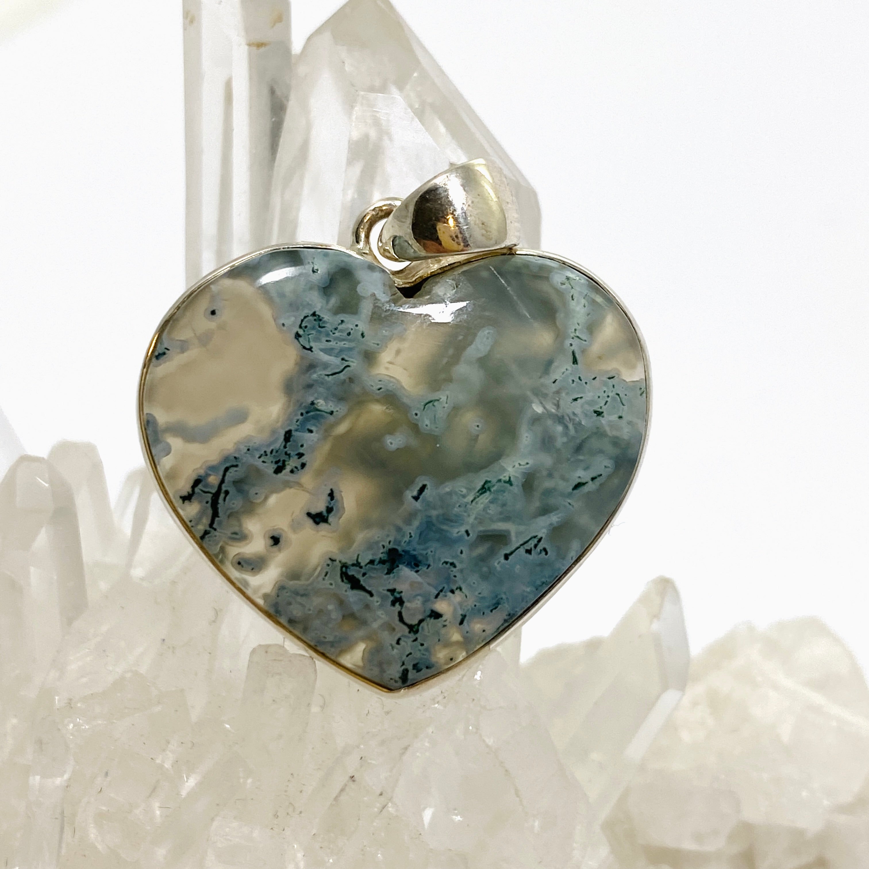 Natural Moss Agate Heart Cabochon Pendant - 925 Sterling Silver Jewelry for Women - Perfect for Valentine's Day Gifts, Spiritual Healing & Boho Fashion Accessories