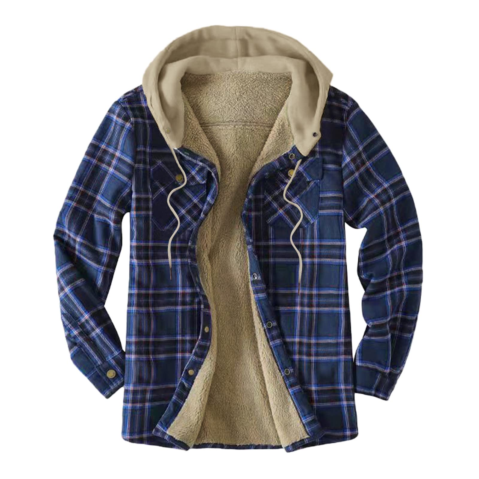 OSTELY Men's Plaid Hooded Loose Coat with Velvet Shirt Top - Winter Warm Fleece Lined Jacket for Casual Outdoors & Streetwear Fashion