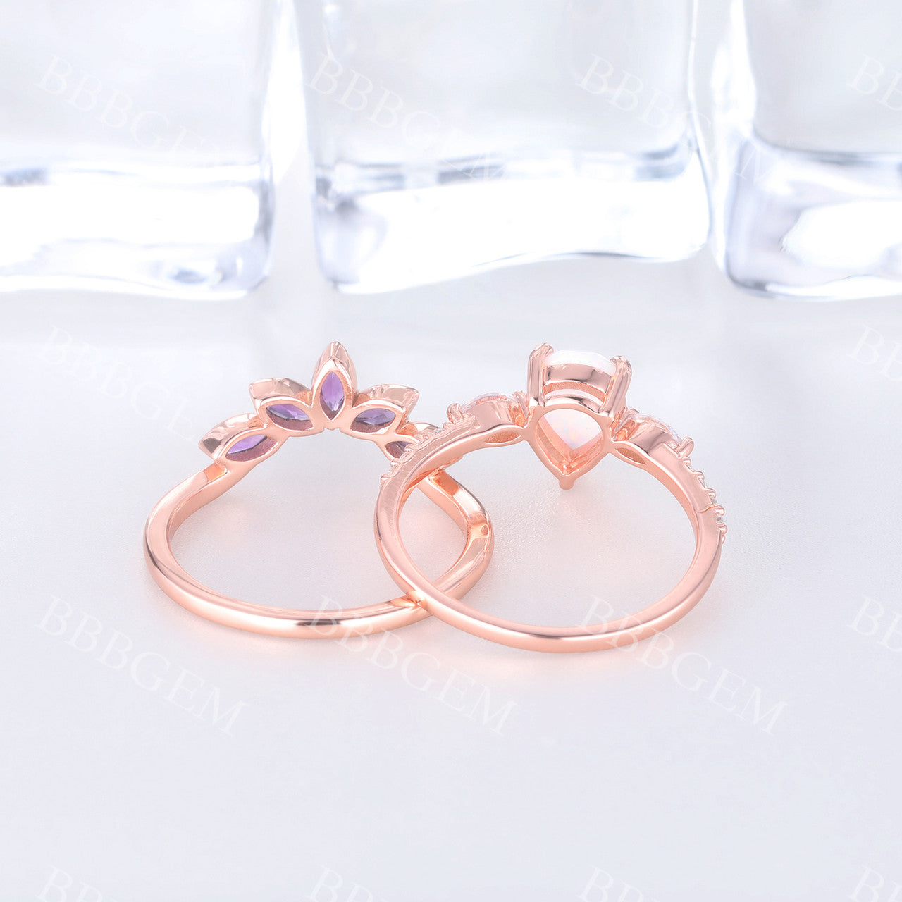 Pear Cut White Fire Opal & Amethyst Ring Set in 14K Rose Gold - Elegant Wedding Band, Anniversary Gift for Her, Perfect for Special Occasions