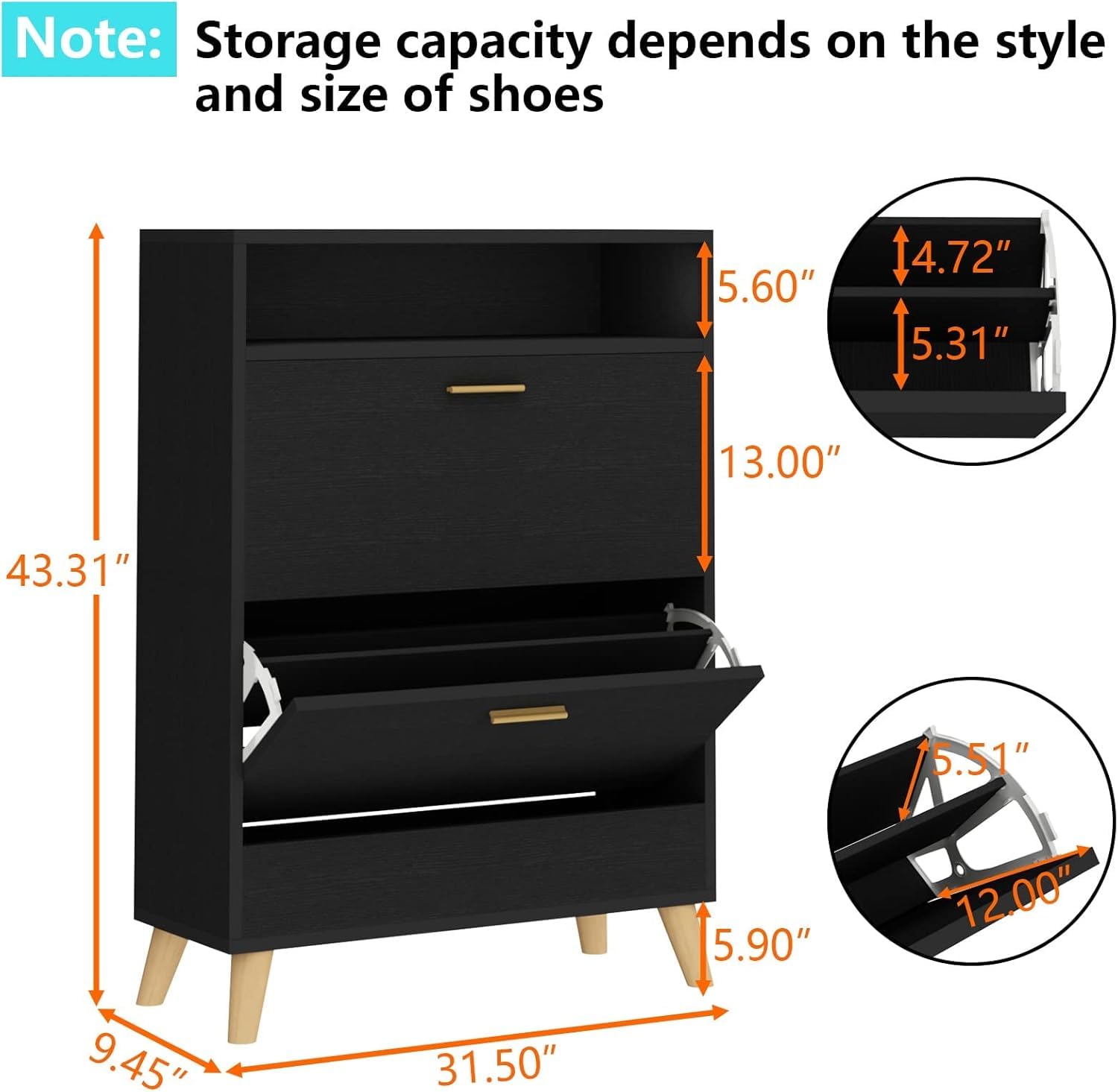 3-Tier Shoe Storage Cabinet with Flip Drawers - Space Saving Entryway Shoe Organizer for Closet, Hallway & Bedroom (Dark Black) | Narrow Shoe Rack with Hidden Doors & Free Standing Design