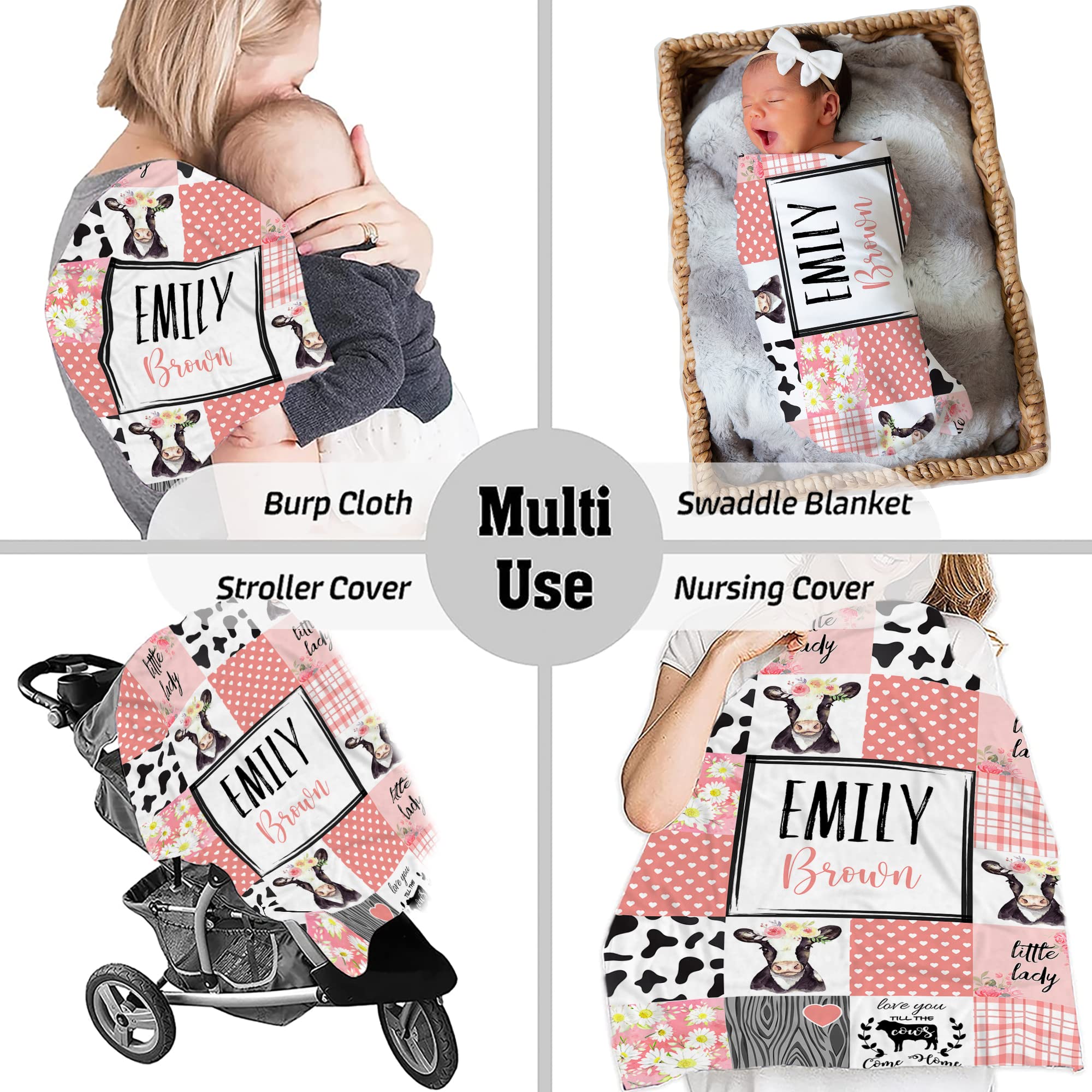 Personalized Cow Print Fleece Blanket - Soft Woodland Nursery Blanket with Animal Head Design, Safari Theme Baby Receiving Blanket for Girls & Boys - Perfect for Nursery Decor, Baby Shower Gifts & Cozy Bedtime Snuggles