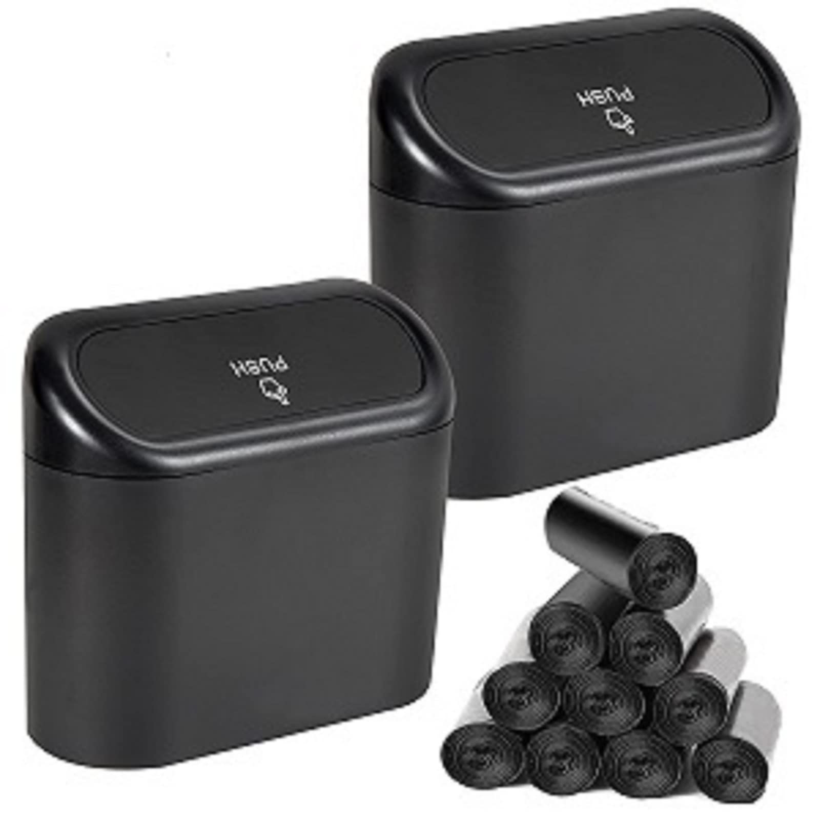 2 Pack Mini Car Trash Can with Lid & 150 Trash Bags - Leakproof Auto Garbage Bin for Front/Back Seat - Perfect for Road Trips, Commuting & Car Organization Accessories