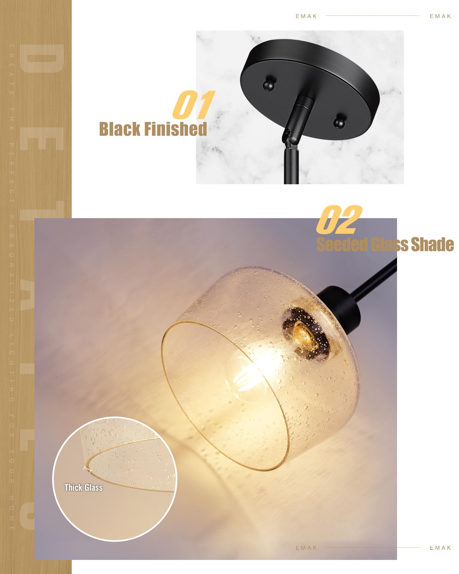 Emak Modern Farmhouse Black Pendant Light Fixture with Seeded Glass Shade - 8 Inch Hanging Light for Kitchen Island, Dining Room, Bathroom & Bedroom | Rustic Industrial Lighting for Home Decor
