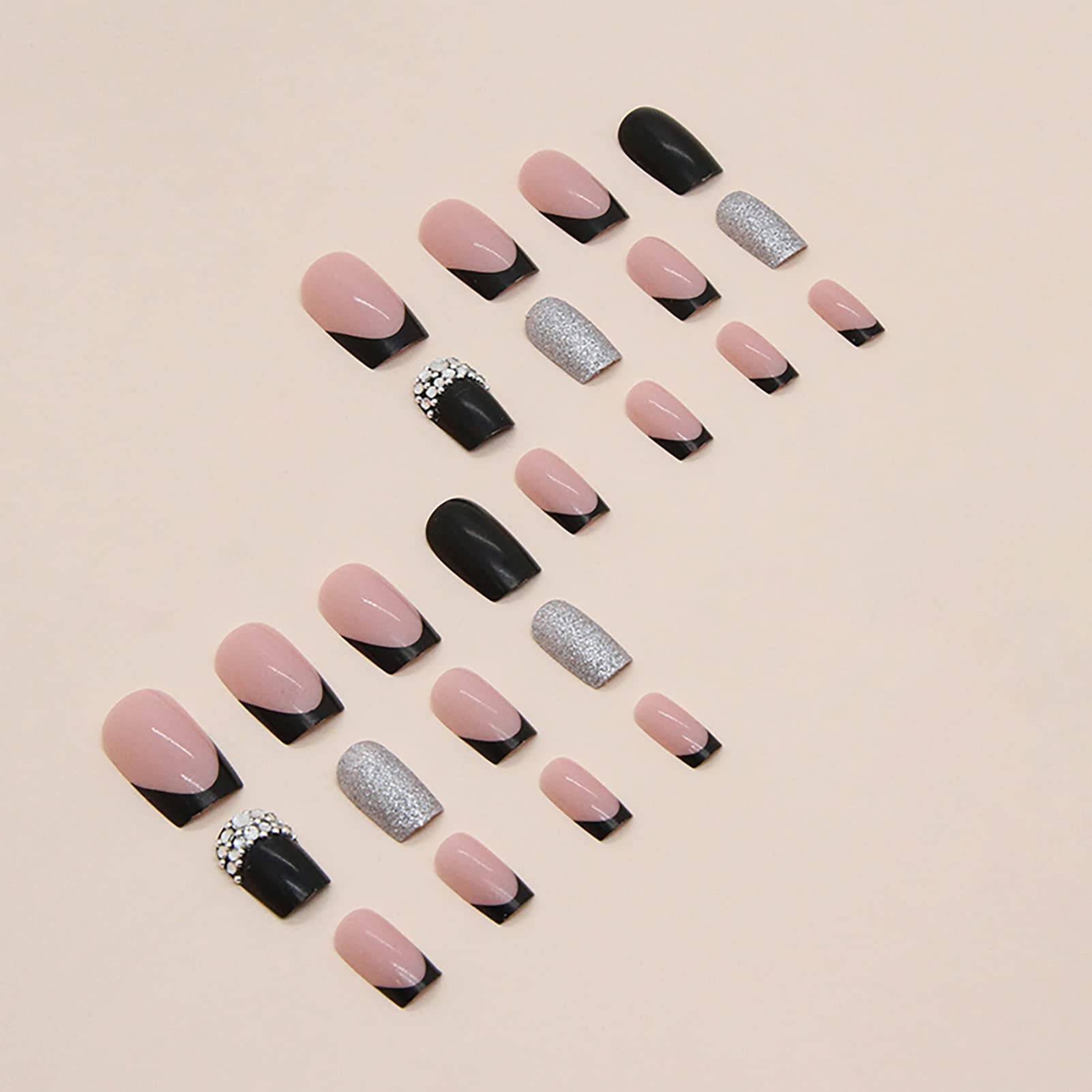 Black Silver Glitter Diamond French Press On Nails - Medium Long Square Acrylic Fake Nails Set with Nail Glue | Full Cover Reusable Stick On Nails for Women & Girls | Perfect for Parties, Weddings & Special Occasions