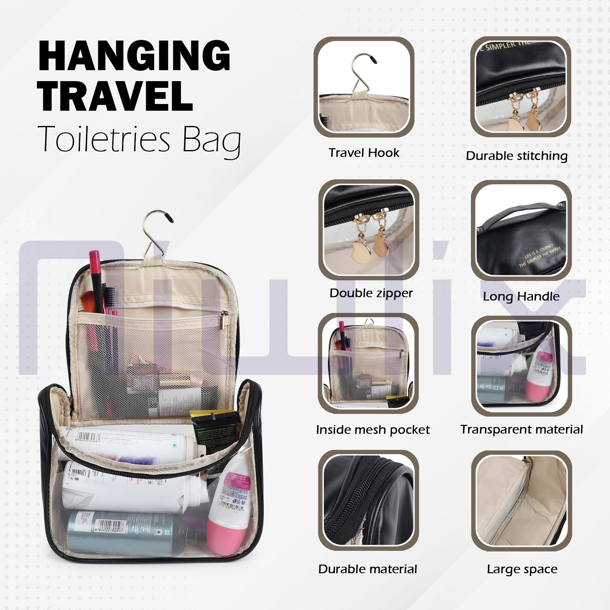 Niwlix Travel Makeup Pouch - Waterproof Cosmetic Organizer Bag for Women | Shower & Wash Bag | Perfect for Travel Essentials & Toiletries | Compact & Stylish Black Makeup Case for Vacation, Gym, and Daily Use