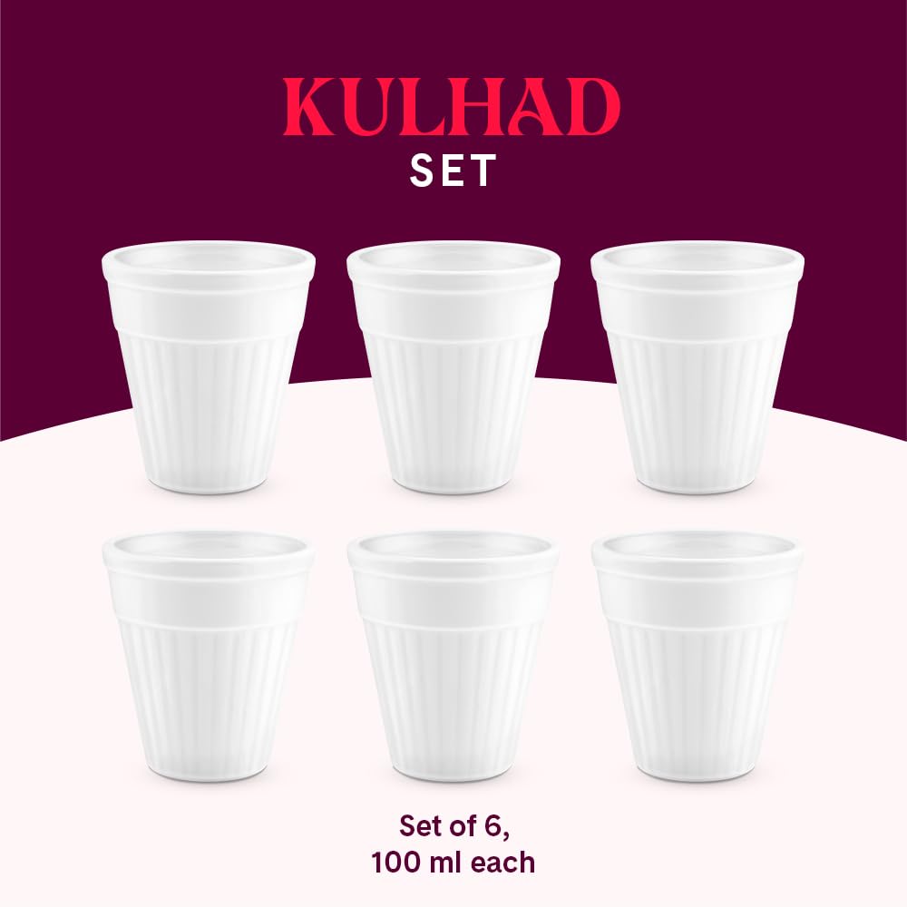 BOROSIL Larah 6-Piece Opalware Tea & Coffee Kulhad Set - 100ml Each, Microwave & Dishwasher Safe, Bone-Ash Free - Perfect for Home, Office, Parties & Gifting (White)
