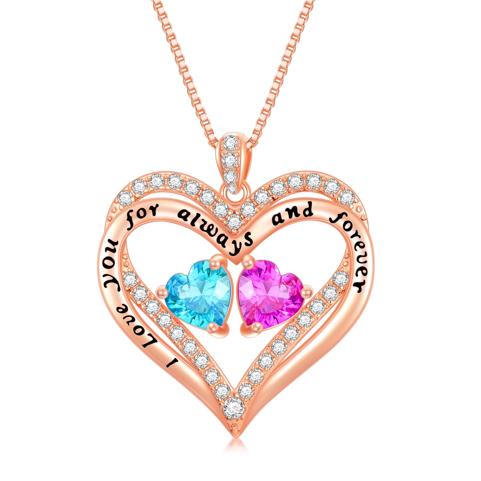 Rose Gold Heart Double Birthstone Necklace - Personalized Birthstone Jewelry for Women, Wife, Girlfriend, Mom & Grandma - 12 Gemstone Options - Meaningful Birthday, Mother's Day & Anniversary Gift - Perfect for Valentine's Day, Weddings & Special Occasions