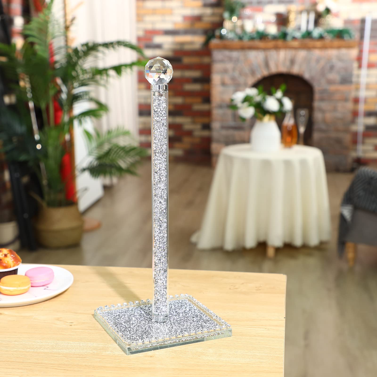 Sparkly Crystal Paper Towel Holder with Diamond Decor - 13 Inch Square Base Standing Towel Roll Stand for Kitchen, Bathroom & Dining Room - Perfect for Home, Office & Restaurant Use