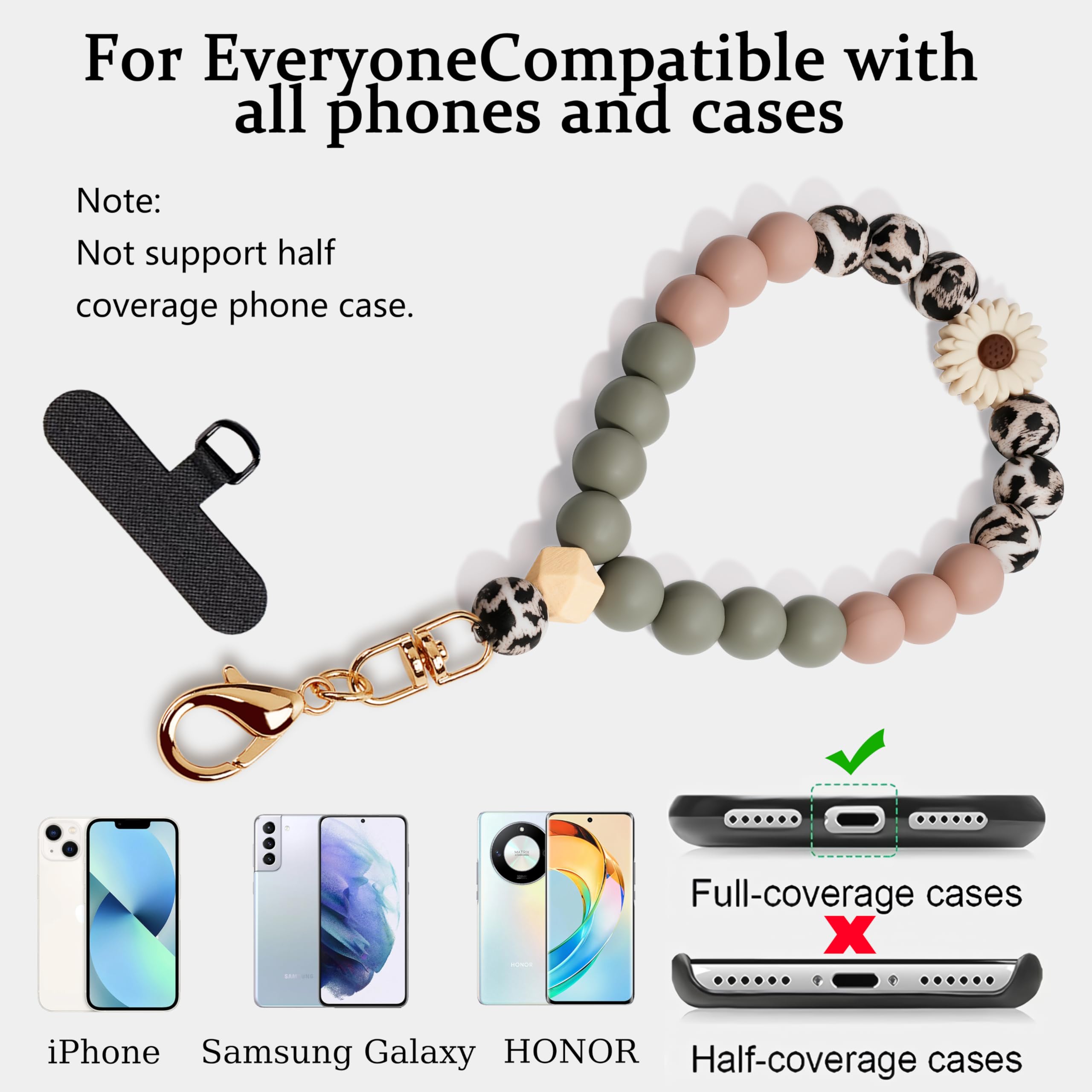 Silicone Beaded Phone Wrist Strap with Tether Tab - Elastic Hands-Free Phone Wristlet Strap for Smartphones (Daisy Leopard) - Perfect for Gym, Running, Shopping & Travel