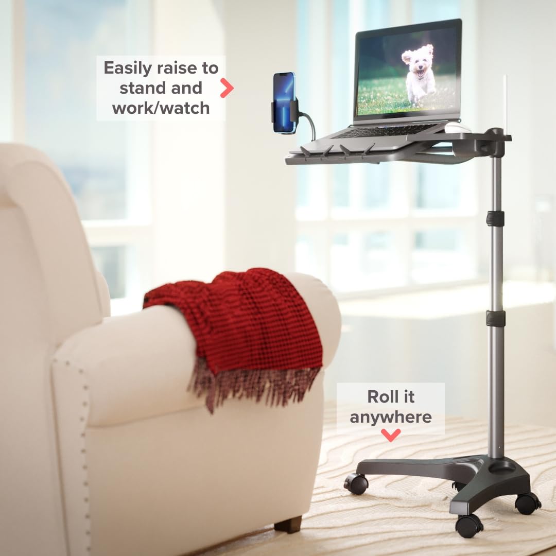 LEVO G2 V16 Adjustable Mobile Laptop Stand with Phone Holder & Mouse Tray - Rolling Computer Cart for Home Office, Gaming & Workspace Organization