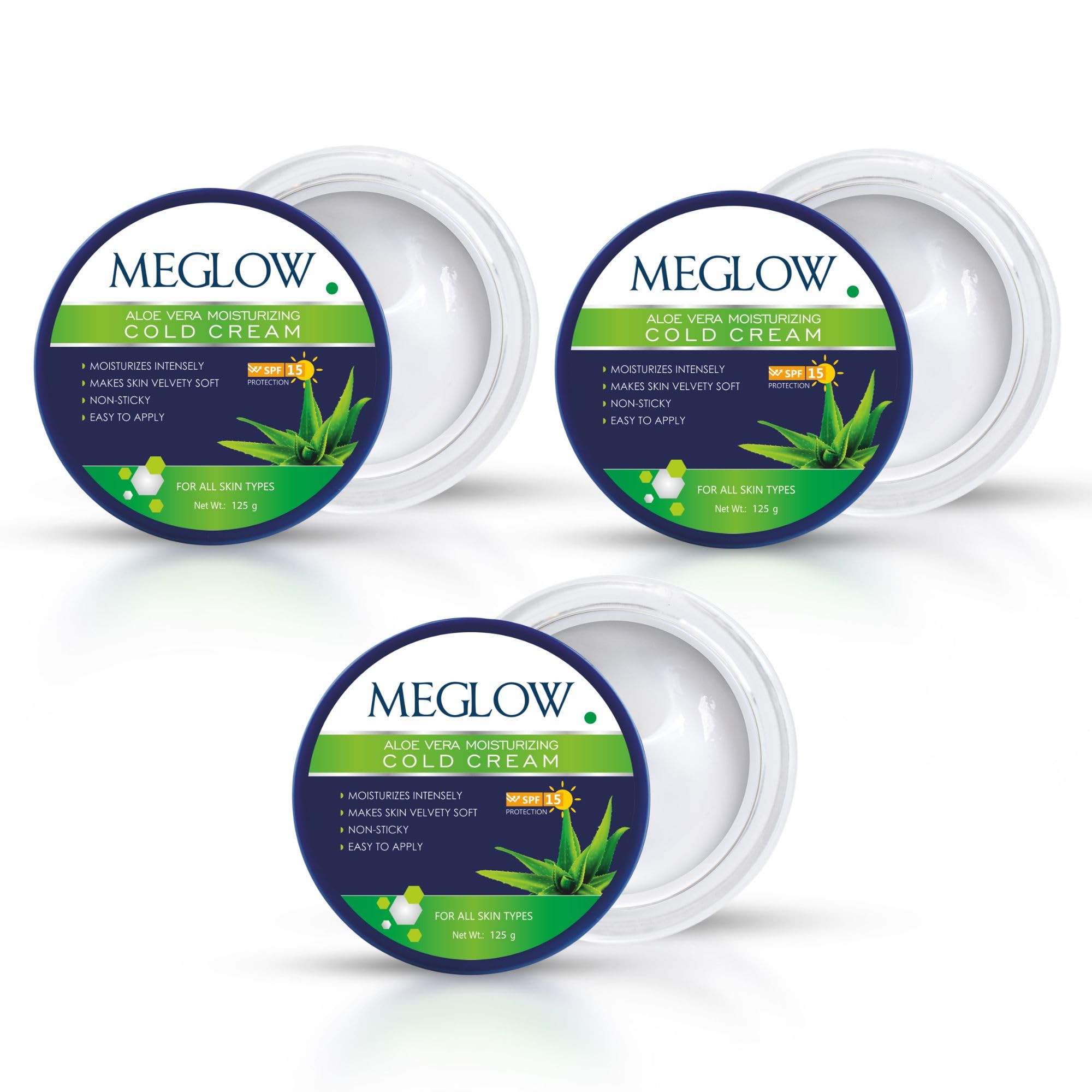 Meglow Aloe Vera Moisturizing Cold Cream with SPF 15 - Hydrating Winter Cream for Dry Skin - Pack of 3 (50g Each) - Perfect for Daily Skincare Routine & Extreme Weather Protection