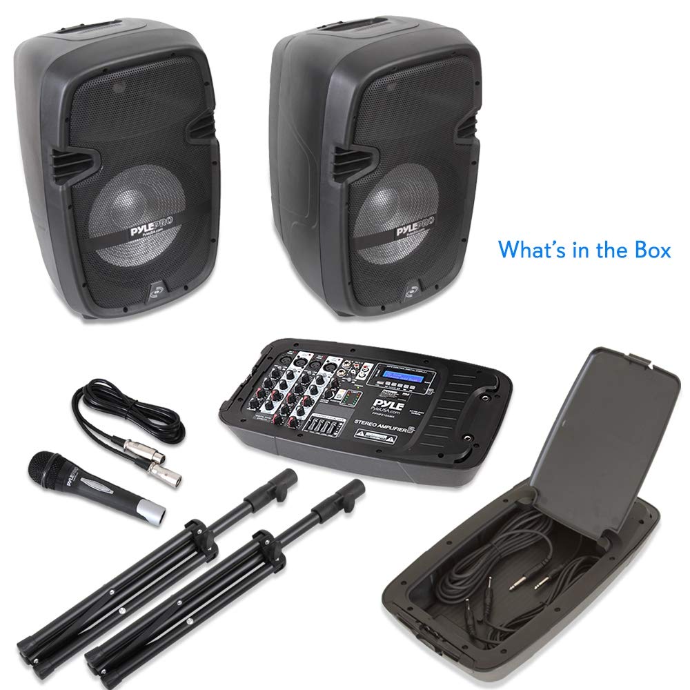 Pyle PA Speaker DJ Mixer Bundle - Portable Wireless Bluetooth Sound System with USB, SD, XLR & 1/4