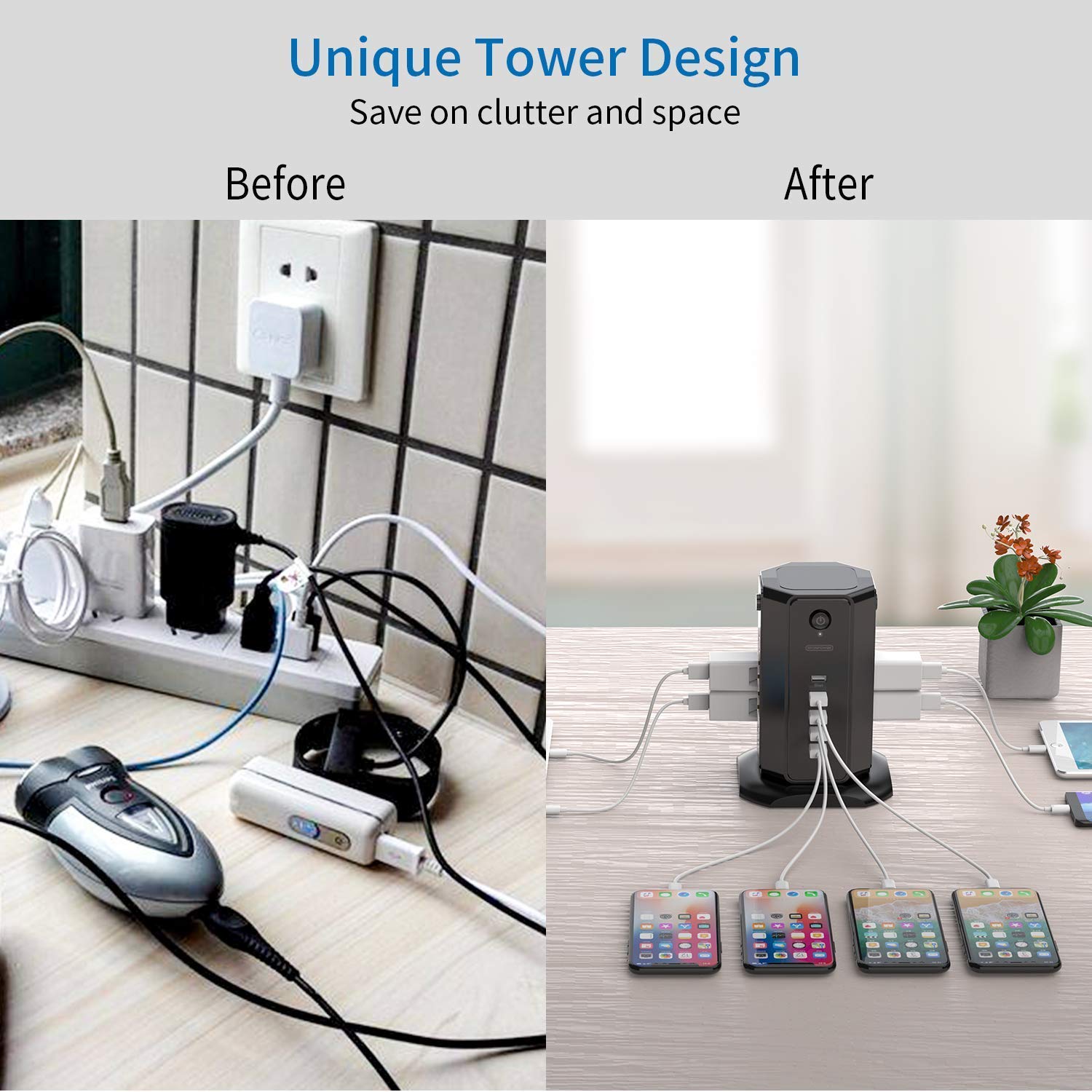 NTONPOWER Desktop Power Strip with USB Ports, 6-Outlet Tower Power Strip & Extension Cord - Essential for Home Office, Dorm Room, Gaming Setup & Workspace Organization (Black)