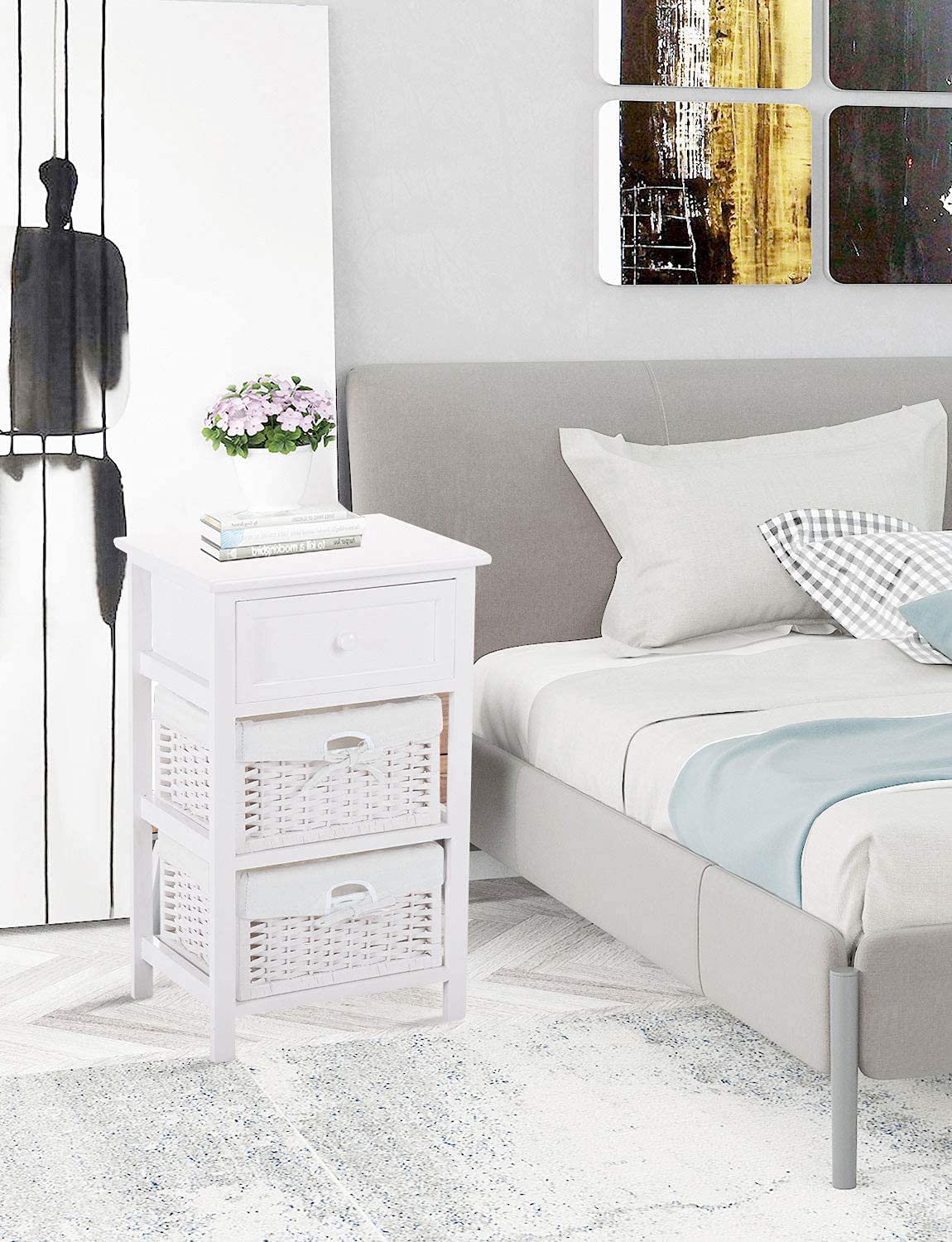 2-Tier Wooden Nightstand Set of 2 with Drawer & Storage Baskets - White Bedside Table for Small Spaces, Bedroom, Living Room | Compact End Table for Apartment, Dorm, Guest Room