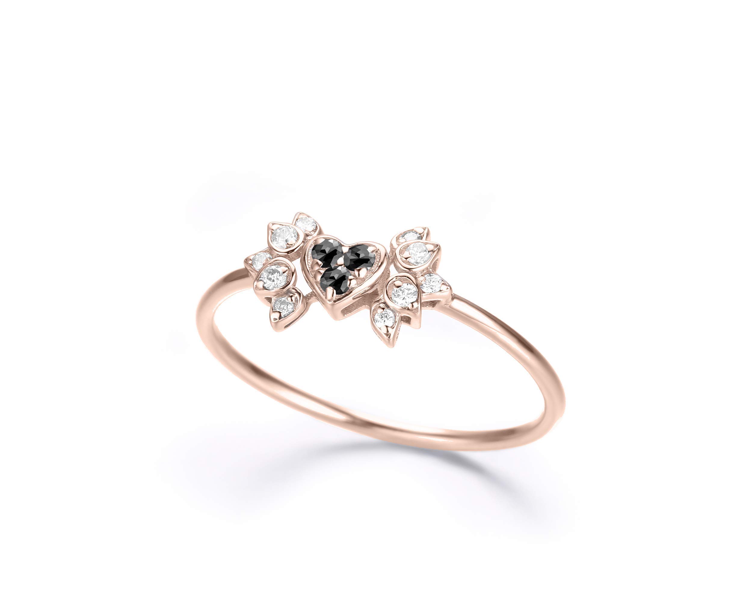 14K Rose Gold Black Diamond Heart Engagement Ring - Angel Wing Design Wedding Band, Handmade Birthstone Promise Ring for Women | Proposal, Anniversary, Valentine's Day Gift | Perfect for Romantic Moments, Weddings, Anniversaries & Special Occasions | Elegant Jewelry for Date Nights, Proposals & Bridal Accessories