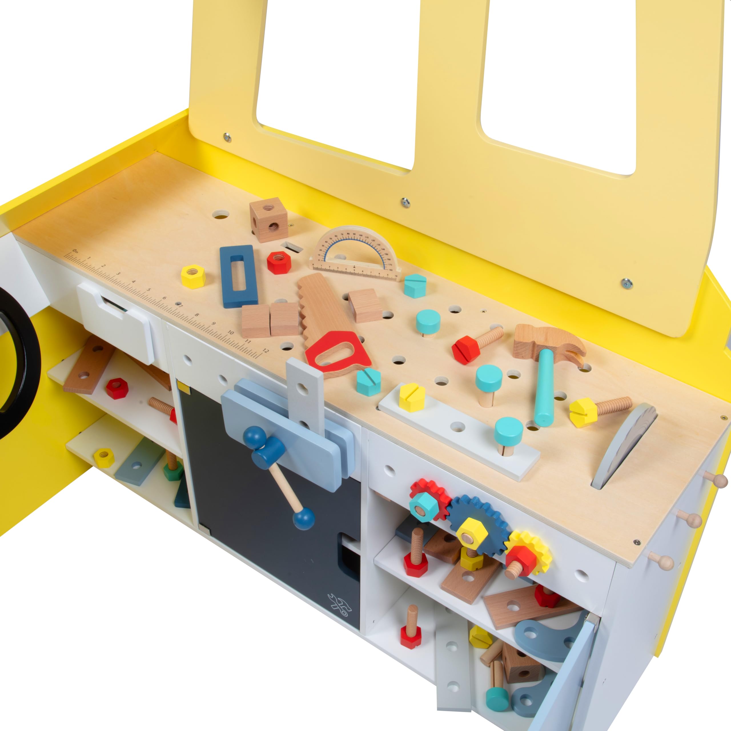 Construction Truck Wooden Playset with 60+ Toy Pieces - Pretend Play Hammer, Saw, Bolts & Screws - Spinning Turn Saw & Steering Wheel - Dual-Sided Play Stand & Workbench - Perfect Kids Gift for Building & Pretend Play - Great for Indoor Playtime & STEM Learning