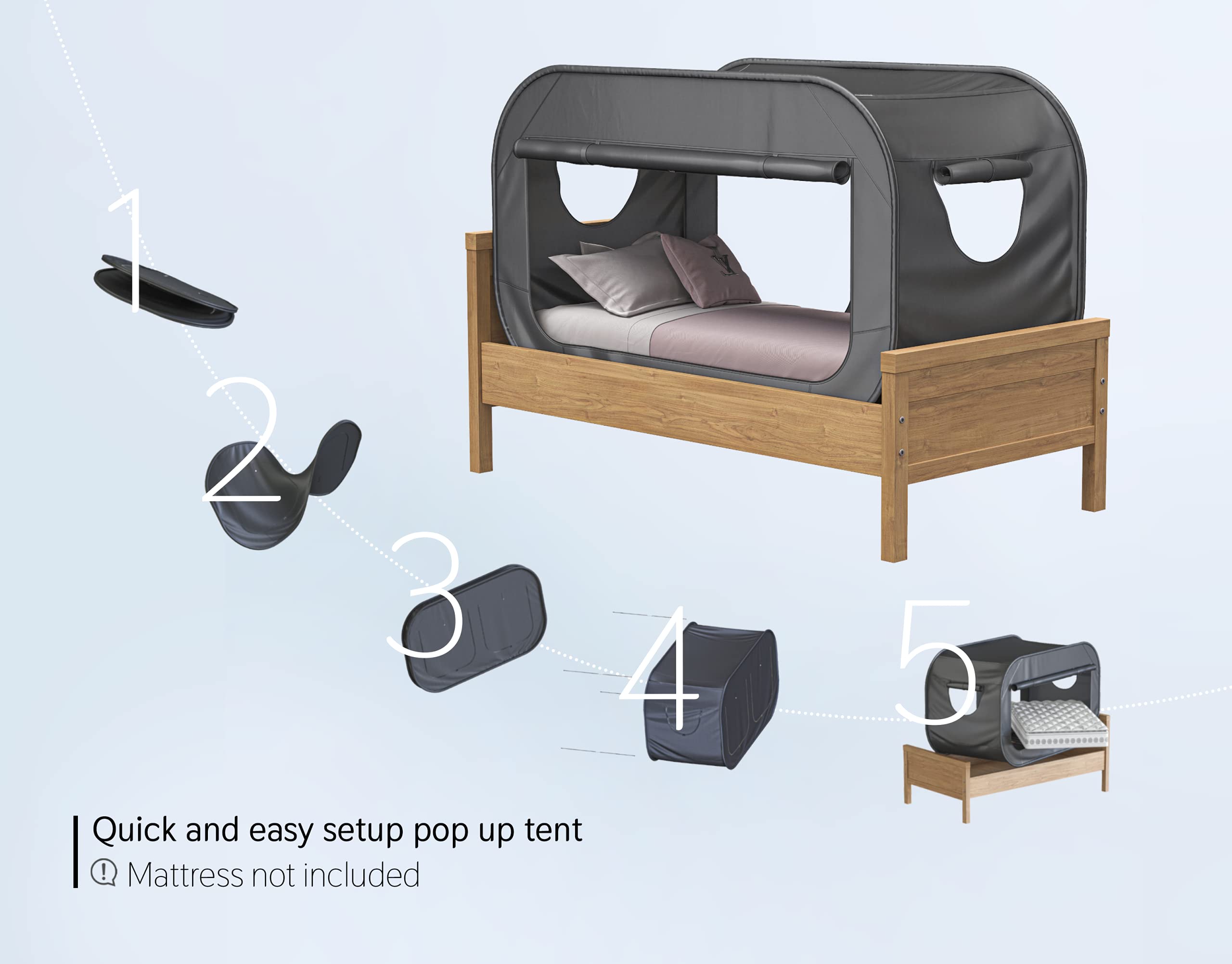 Skywin Twin Bed Tent - Pop Up Privacy Tent for Twin Bed, Collapsible & Breathable, Light Reducing Pongee Canopy for Warm Cozy Nights, Black - Perfect for Camping, Dorm Rooms & Personal Privacy (1 Person)