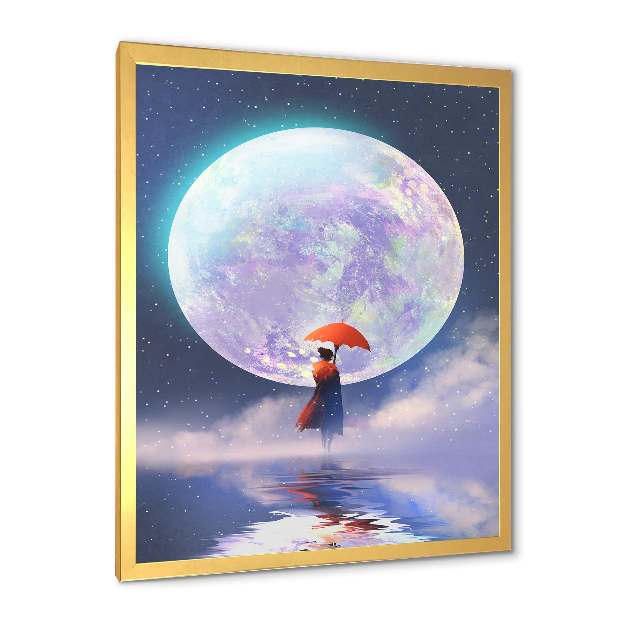 DesignQ Traditional Framed Wall Art - Woman with Umbrella Standing on Water Against Moon - Elegant Home Decor for Living Room, Bedroom & Office