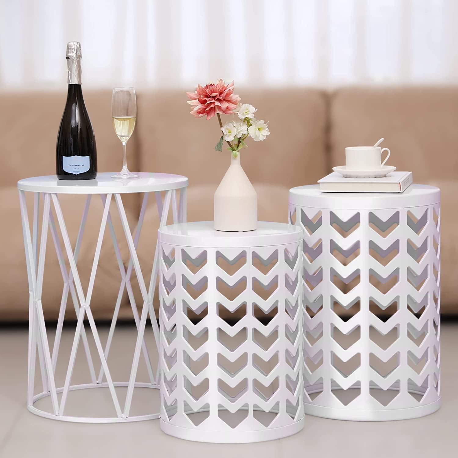Y&M Nesting Side Table Set of 3 - Stackable Modern Industrial Coffee Tables for Living Room, Bedroom & Patio - Heavy Duty Metal Frame Indoor/Outdoor End Tables - Pure White (US Shipping) | Perfect for Small Spaces, Coffee Corner & Garden Decor