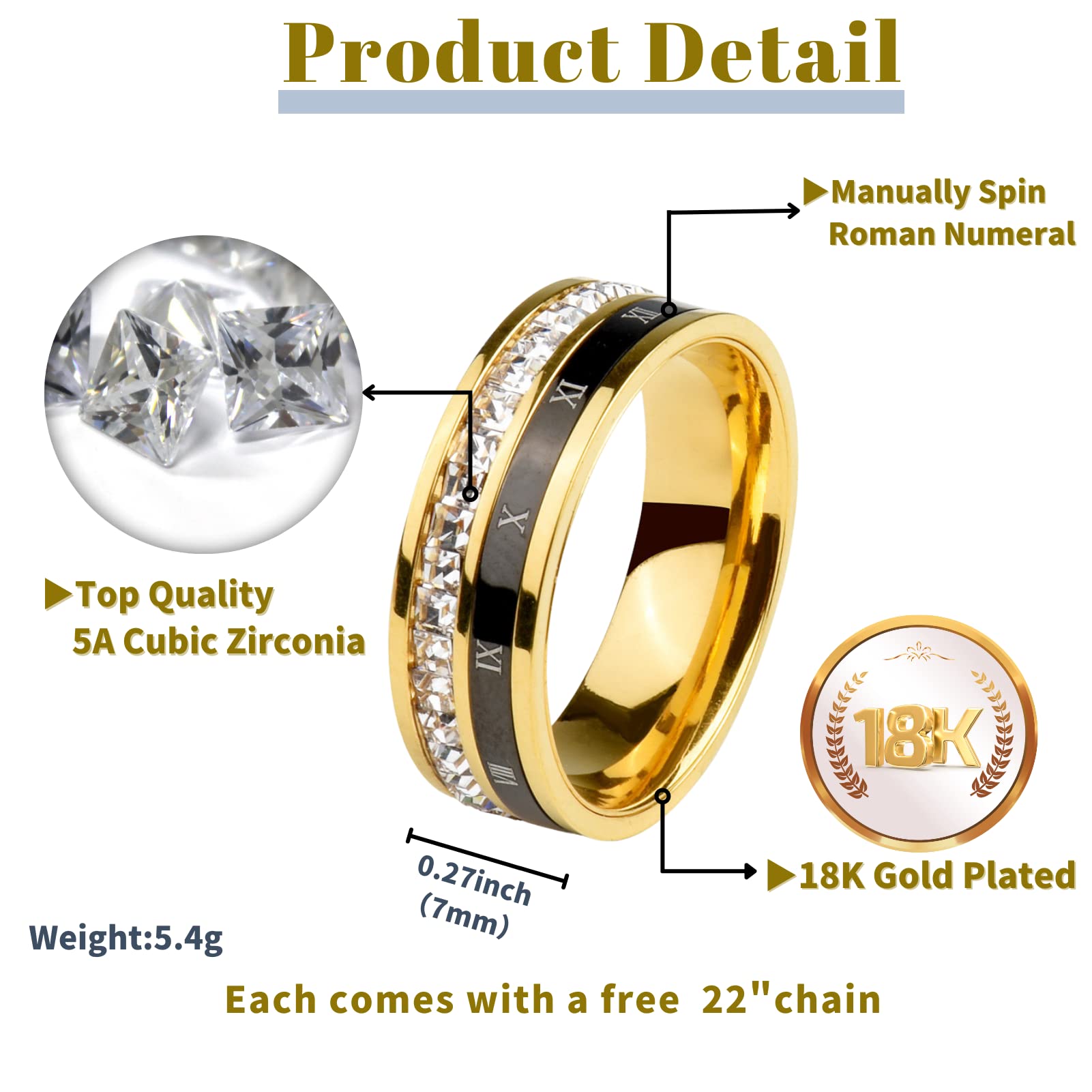 18K Gold Roman Numeral Ring for Women & Men | CZ Spinner Ring | Size 5-13 | Gift for Anniversary & Wedding