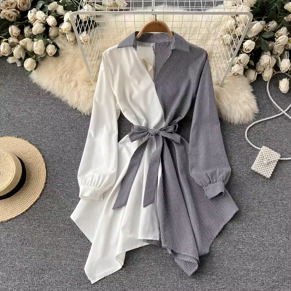 Fashion Striped Color Block Midi Shirt Dress - Trendy Irregular Pattern, Casual & Elegant Style for Women | Perfect for Office, Date Night & Summer Outings