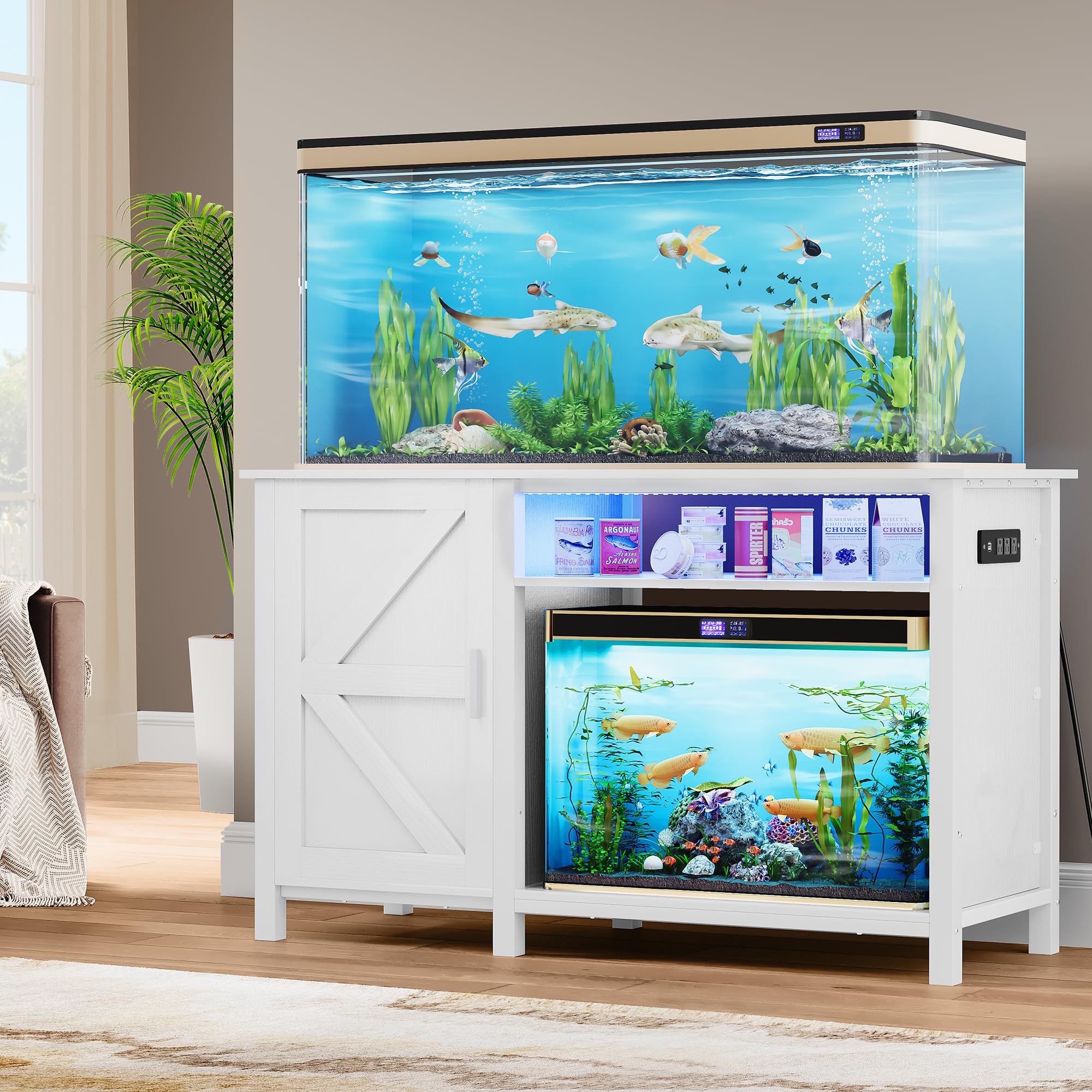 YITAHOME 55-75 Gallon Aquarium Stand with Power Outlets & RGB Lighting - Heavy Duty 900LBS Capacity Fish Tank Cabinet for Turtle Tanks, Reptile Terrariums - Perfect for Living Room, Bedroom or Office Decor (White)