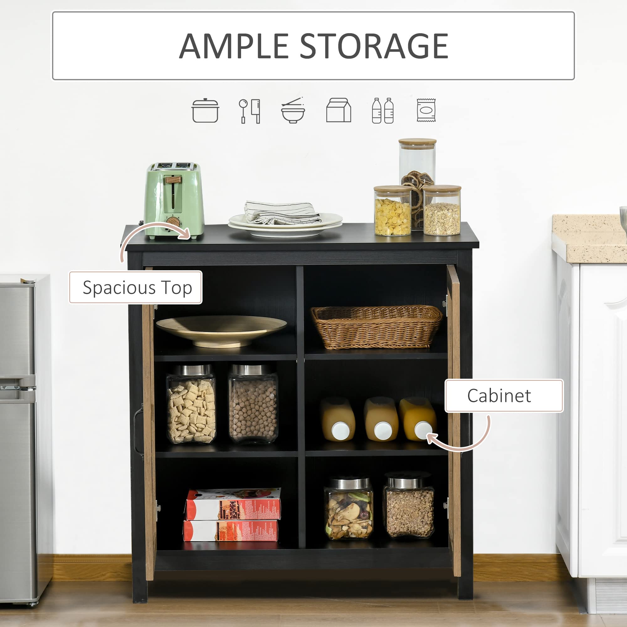 HOMCOM Sideboard Buffet Cabinet with Glass Doors - Kitchen Storage Cabinet, Entryway Accent Furniture with Adjustable Shelves for Living Room - Black Wood Grain Finish | Perfect for Dining Room Storage, Hallway Decor & Home Organization