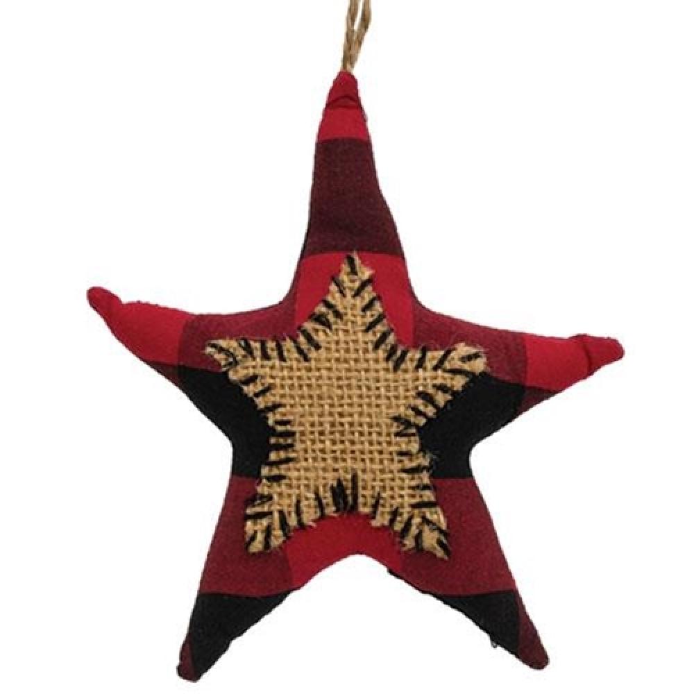 Red & Black Buffalo Check Star Stitched Fabric Christmas Tree Ornament - Rustic Holiday Decor for Xmas Tree, Home, Gift Giving & Farmhouse Style Decorations