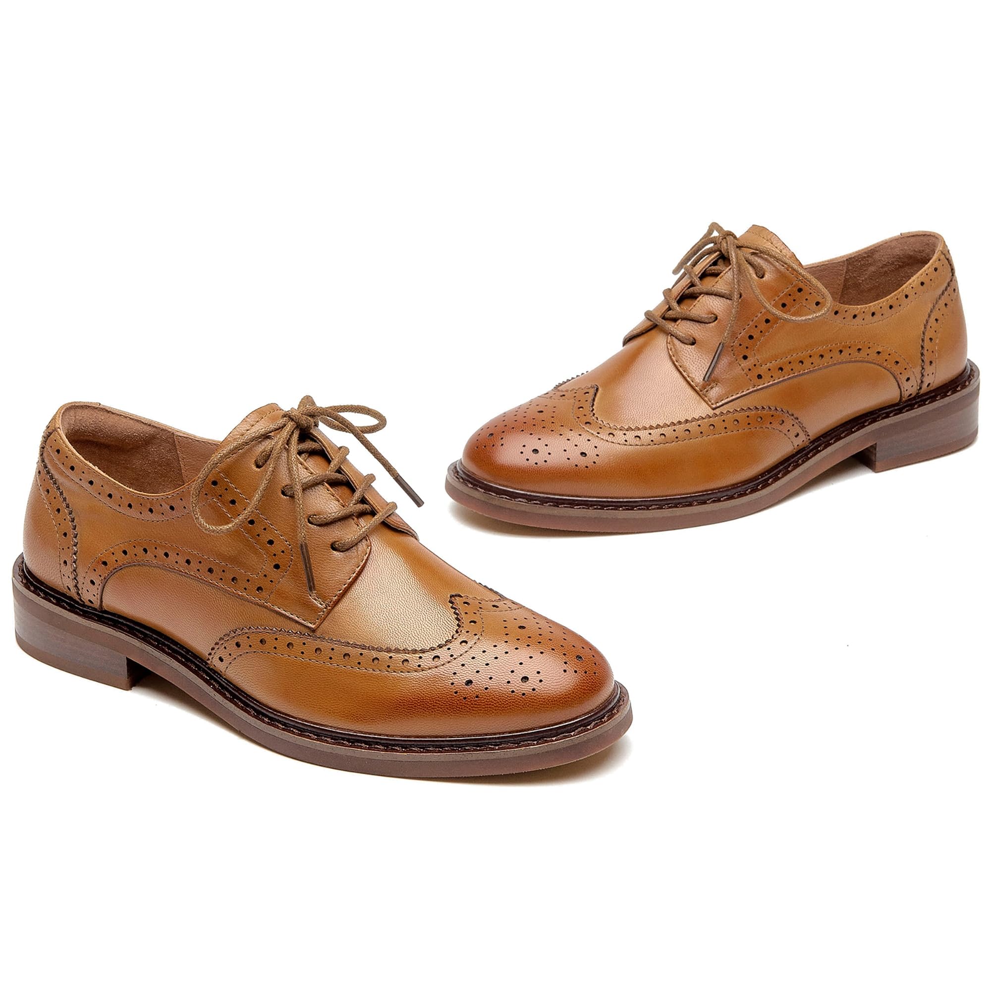 BEAU TODAY Women's Leather Oxford Brogue Dress Shoes - Breathable Comfort Wingtip Lace-Up Handmade Business Work Shoes for Professional & Formal Occasions