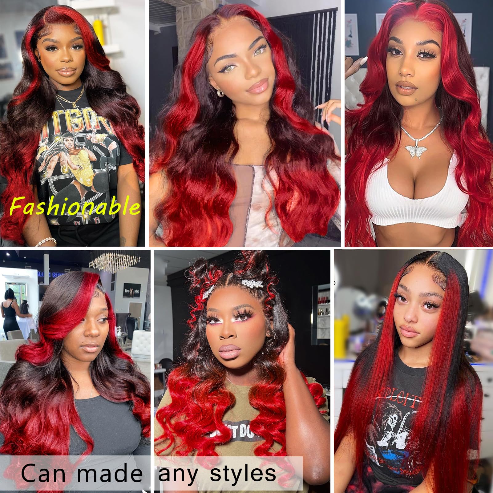 YMS Hot Red HD Lace Front Wigs 18 Inch - 180% Density Human Hair Wigs for Women with Skunk Stripe & Body Wave Ombre - Glueless 13x4 Lace Frontal Wig with Pre Plucked & Bleached Knots - Perfect for Cosplay, Parties, and Daily Fashion Styling