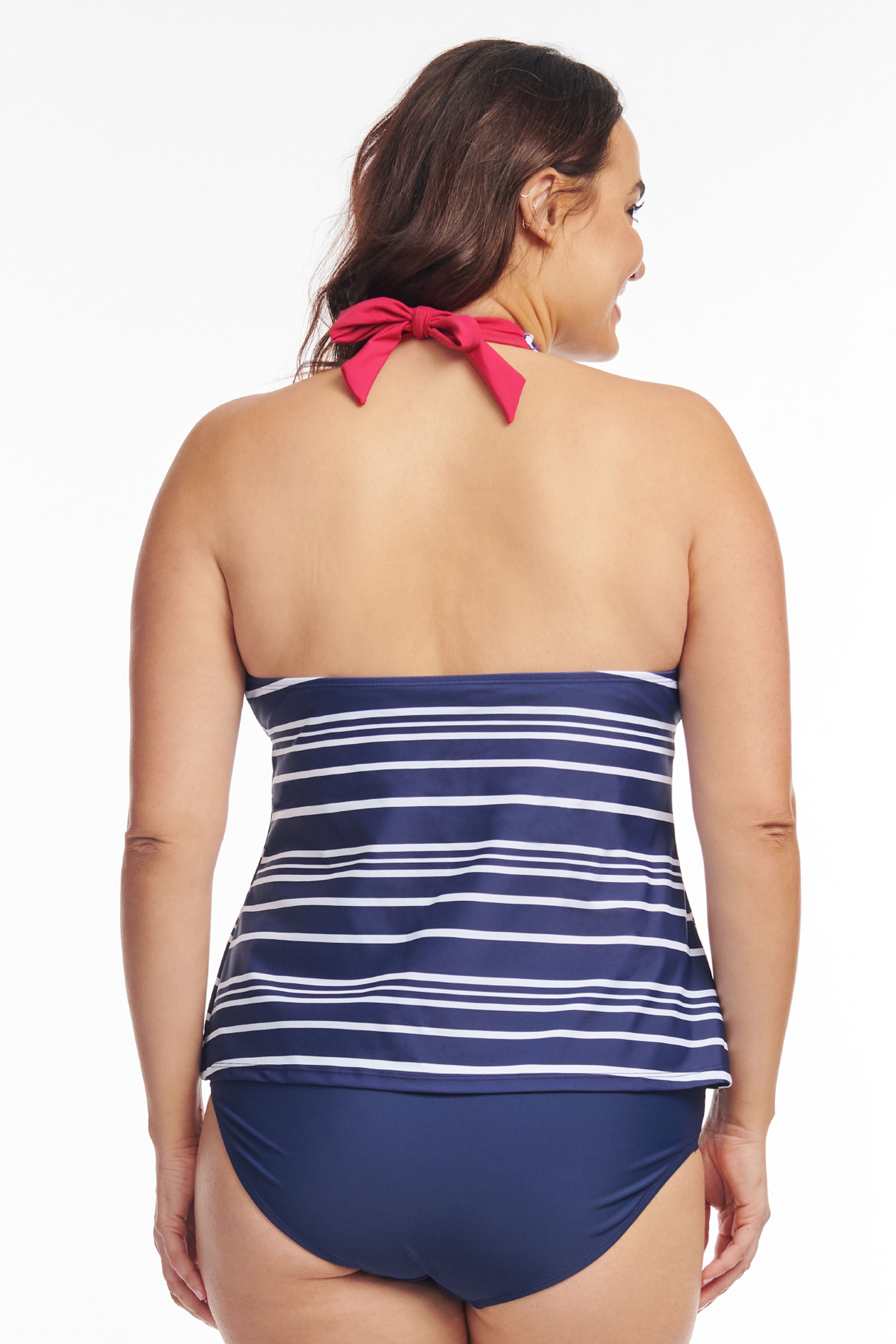 Plus Size Scallop Neckline Halter Tankini Top - Electric Stripe Swimwear for Women | Beach Vacation, Pool Party & Summer Outfits