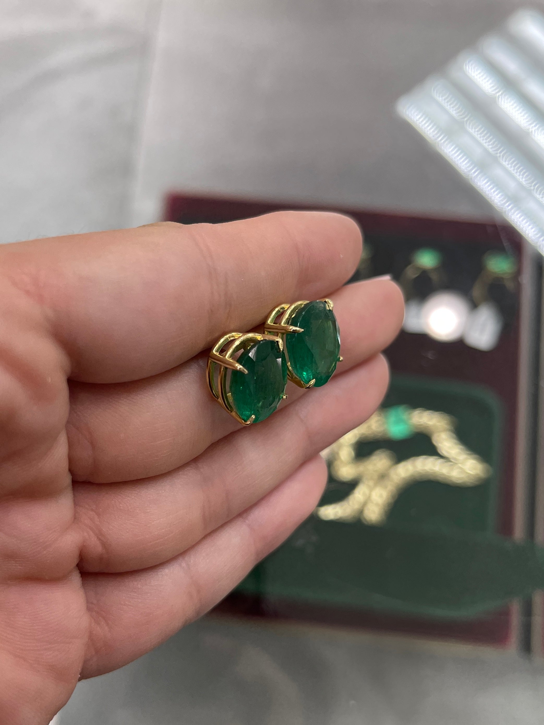 13.61tcw AAA Fine Quality HUGE Dark Green Zambian Oval Stud Earrings in 18K Gold - Perfect for Evening Parties, Weddings & Special Occasions